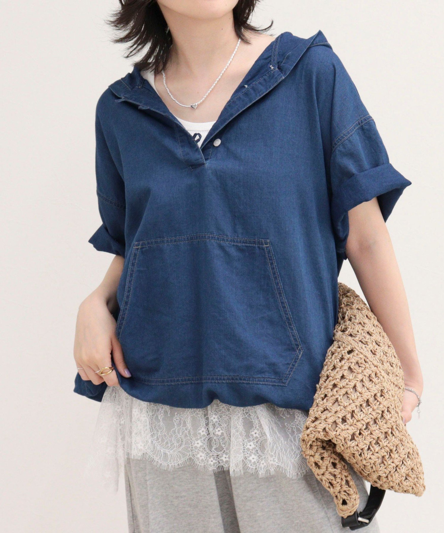 【SALE／40%OFF】fredy emue シアーデニムフーディハーフスリーブ フレディ アンド グロスター トップス シャツ・ブラウス ブルー ネイビー【送料無料】