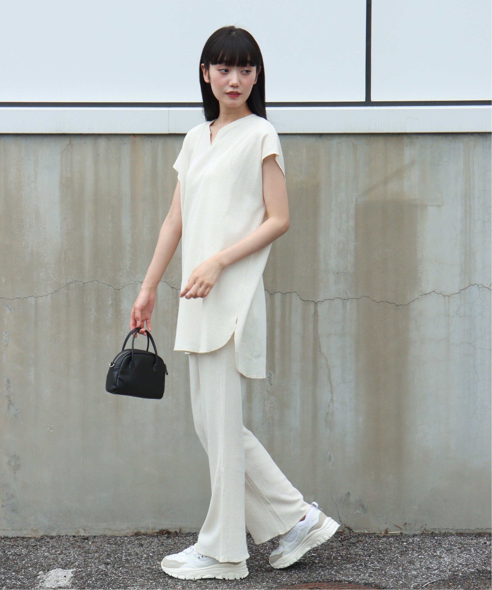 VENCE share style ワッフルキーネックセットアップ+ポーチ3点セット ヴァンス エクスチェンジ トップス カットソー・Tシャツ グリーン ホワイト ベージュ