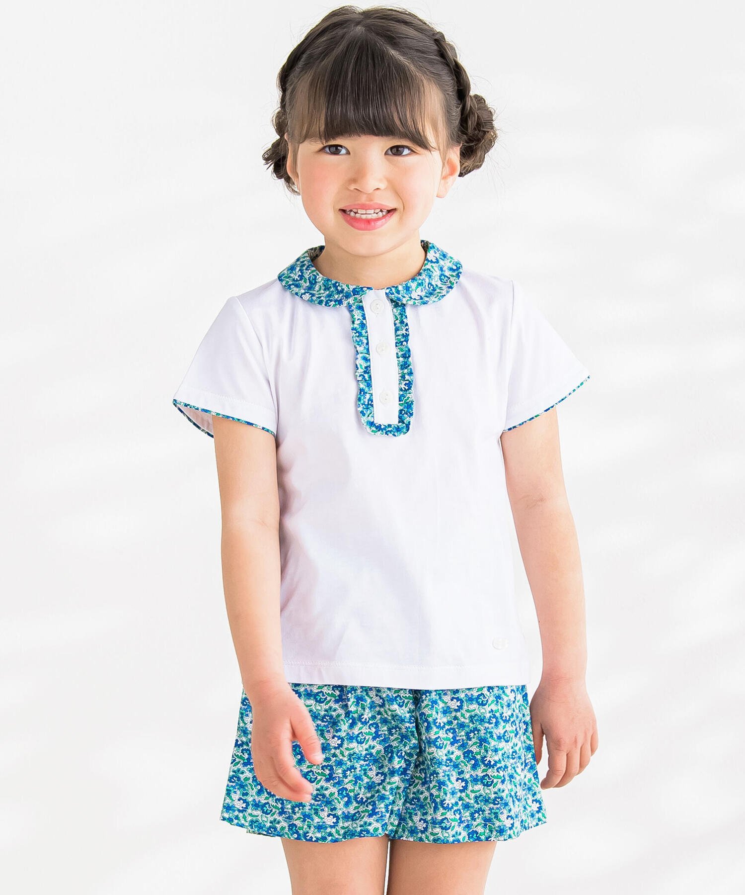 【SALE／60%OFF】BeBe Petits Pois Vert 襟付きTシャツ+ショートパンツ花柄セットアップ(95~150cm) ベベ オンライン ストア 福袋・ギフト・その他 その他 ブルー ピンク