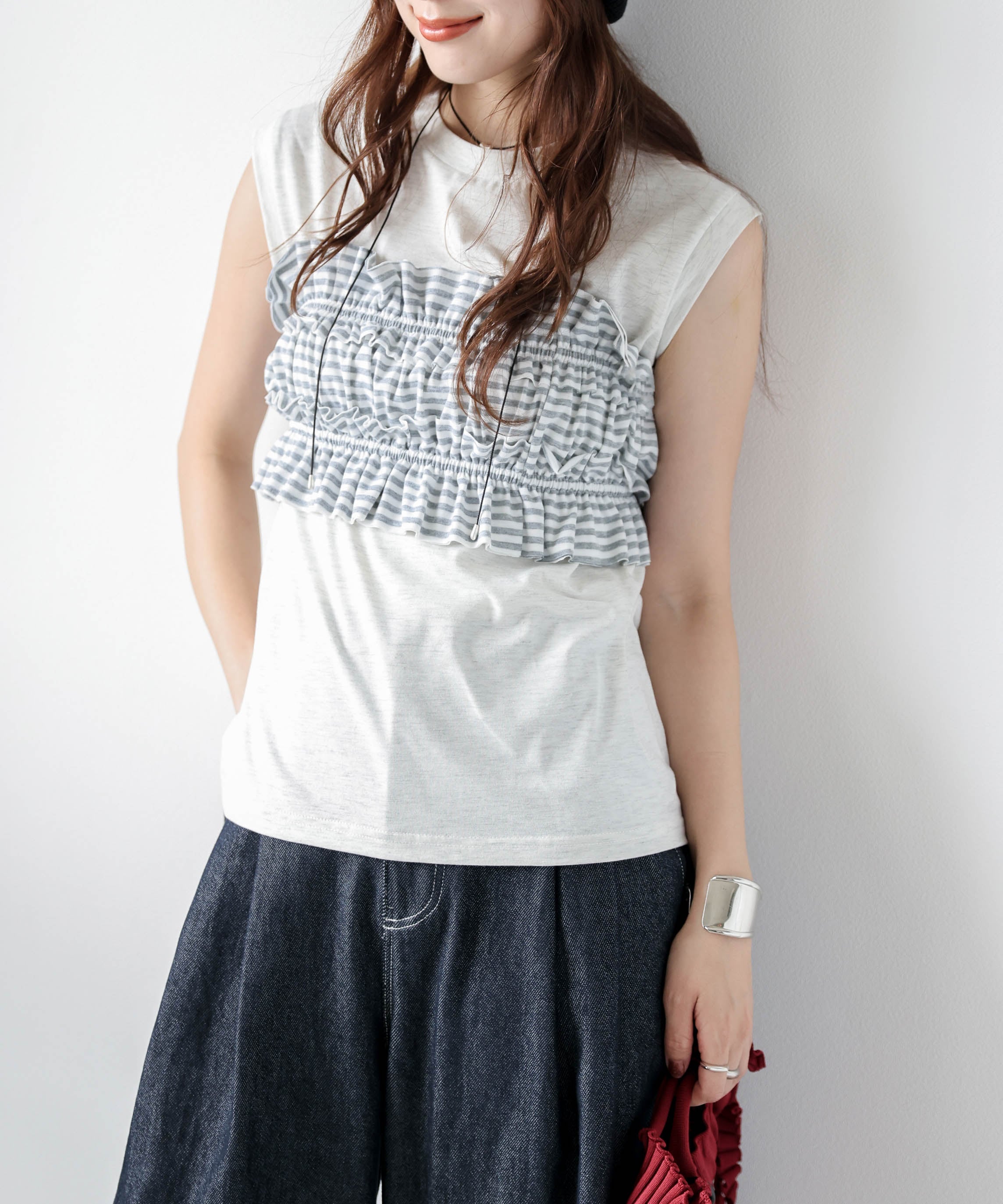 La-gemme フリルビスチェ*Tシャツセット ラジュール トップス カットソー・Tシャツ ブラック グレー ブルー