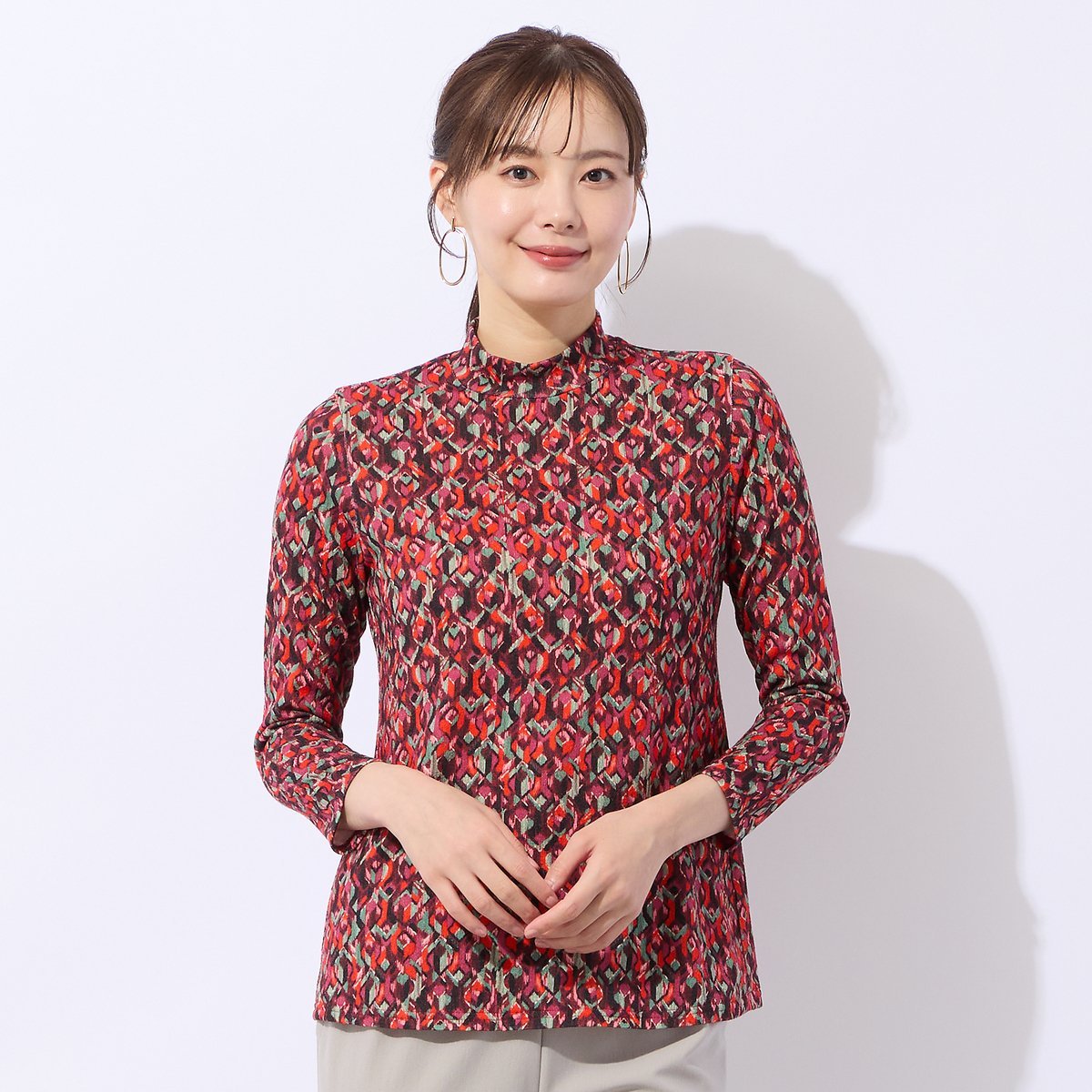 Liliane Burty Eclat 【洗える】フランス製素材起毛幾何柄Tシャツ リリアンビューティ エクラ トップス カットソー・Tシャツ レッド ブルー【...