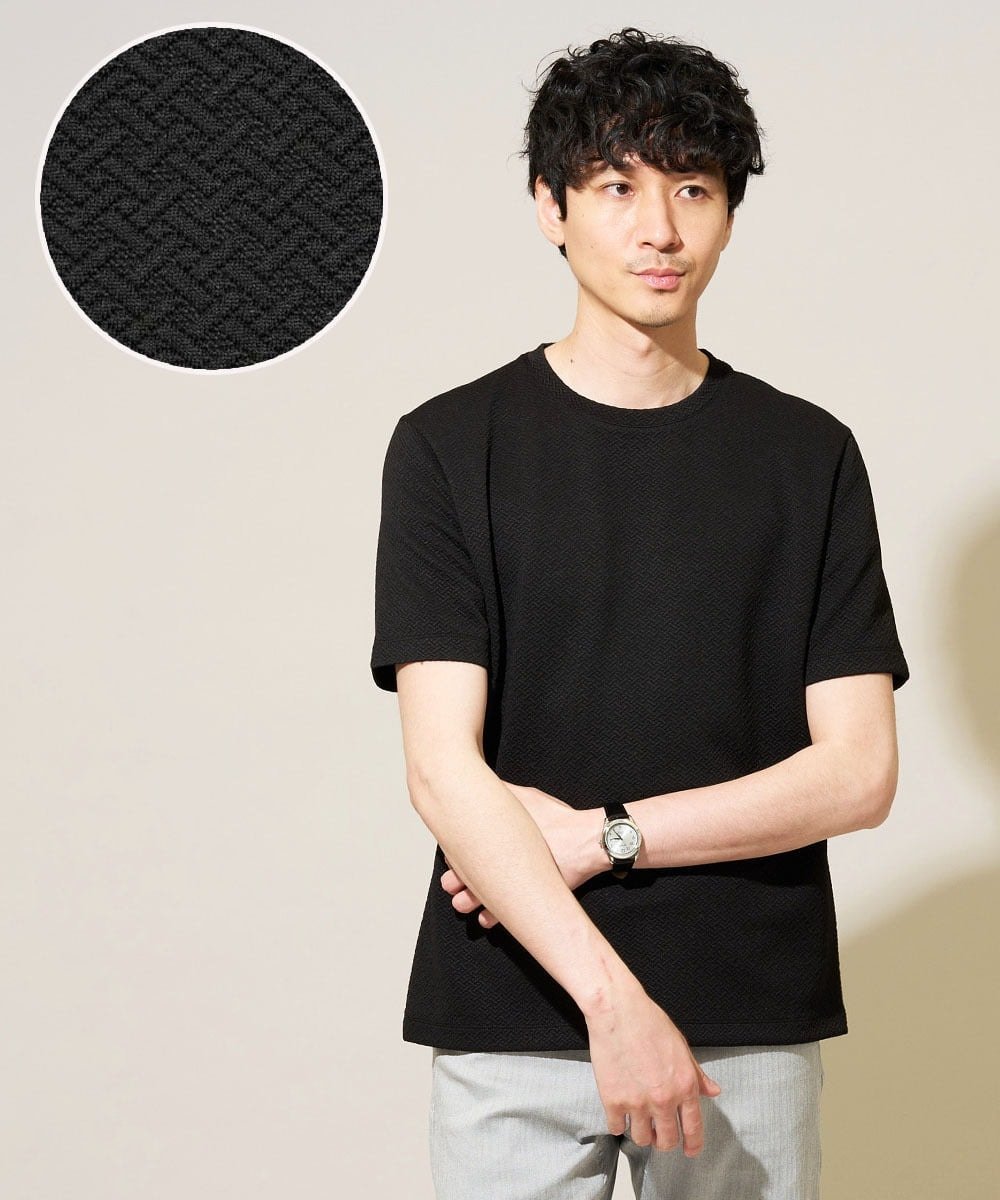 【イージーケア/洗濯機で洗える/毛玉になりにくい】ライトキカジャカードクルーネックスマートTシャツ アー・ヴェ・ヴェ トップス カットソー・Tシャツ ホワイト ブラック