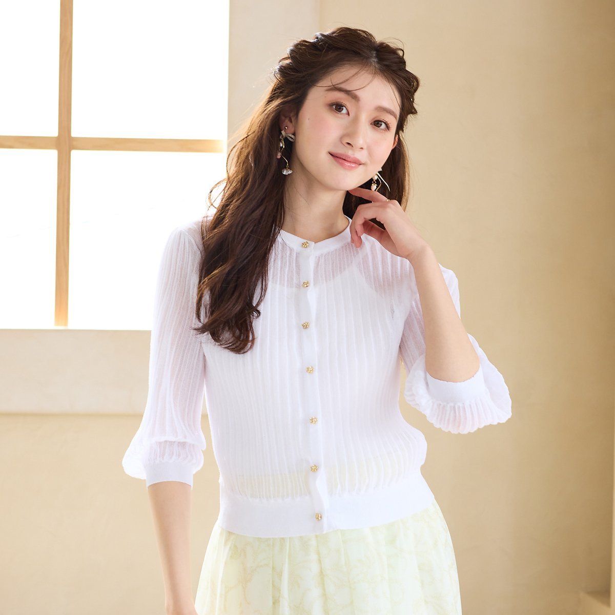 Long-Sleeved Knit - Rose Tiara エアリーリブニットカーディガン ローズティアラ トップス ニット ピンク ホワイト ネイビー【送料無料】