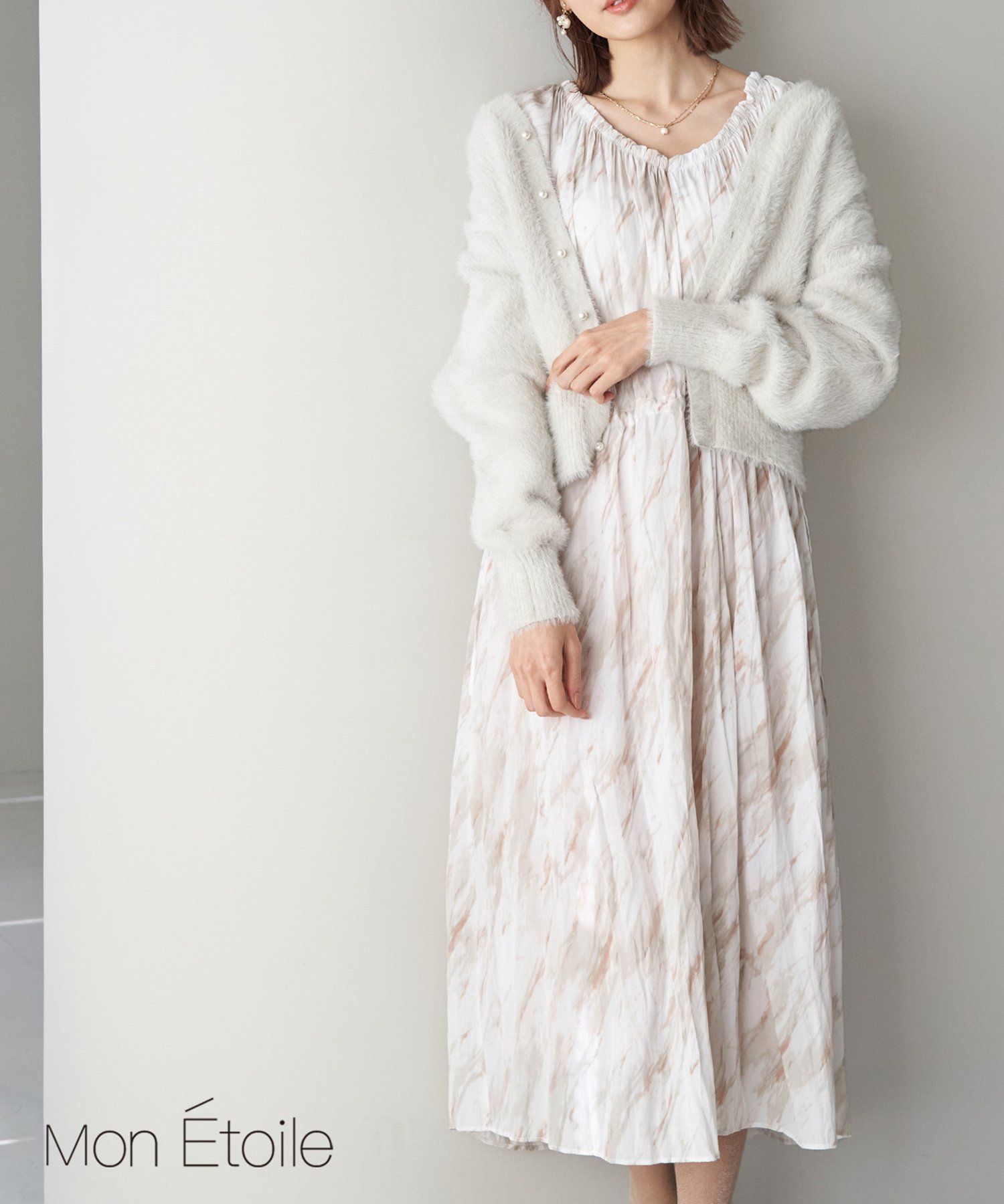 ロペ 【SALE／60%OFF】ROPE' PICNIC 【一部店舗限定】【Mon E'toile/モンエトワール】ストーンプリントギャザーDRESS ロペピクニック ワンピース・ドレス その他のワンピース・ドレス ブラウン ブルー イエロー