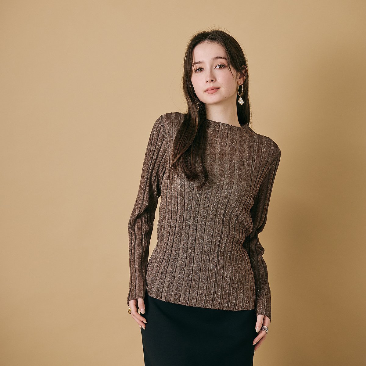 【SALE／10%OFF】Audie a Muses ラメ入りワイドリブニット ローズティアラ トップス ニット グリーン ブラウン ブラック【送料無料】