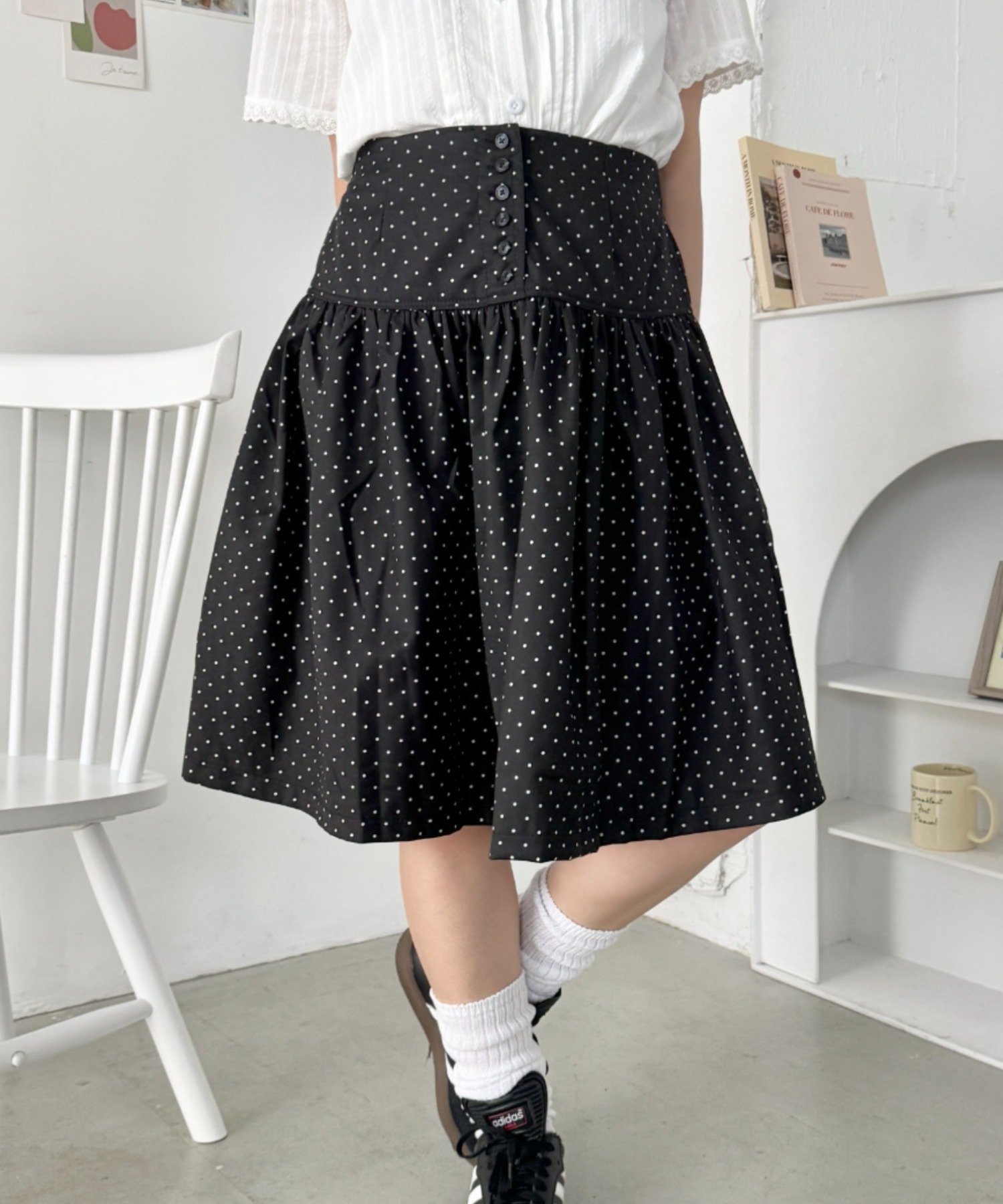 SOLLON. Pin Dot Midi Skirt - Outfitters Lab - Skirt, Medium Skirt - White, Gray, Black [Free Shipping]