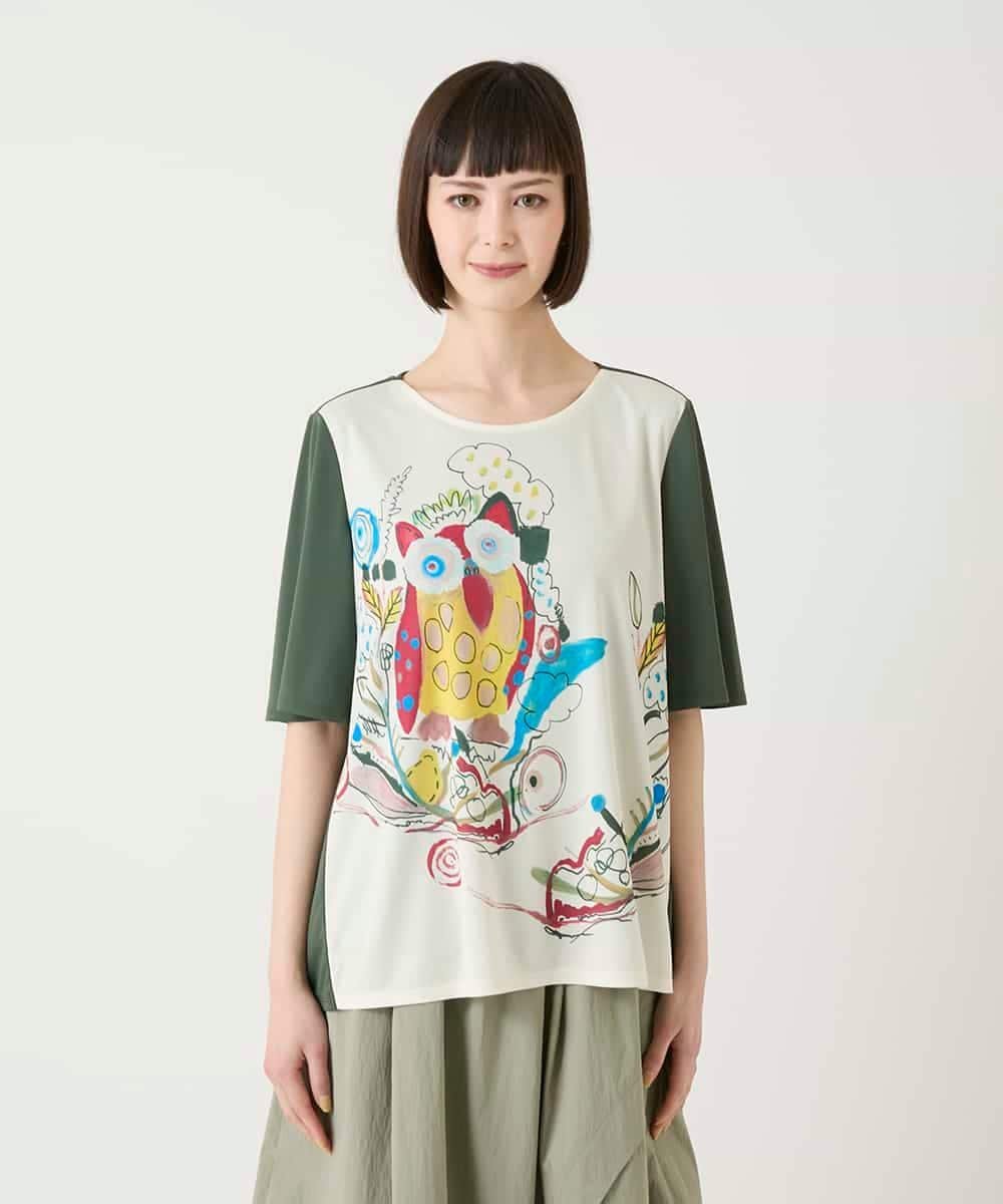 HIROKO BIS GRANDE 【大きいサイズ/速乾】フクロウグラフィックカットソー ヒロコ ビス グランデ トップス カットソー・Tシャツ カーキグリーン ブラック