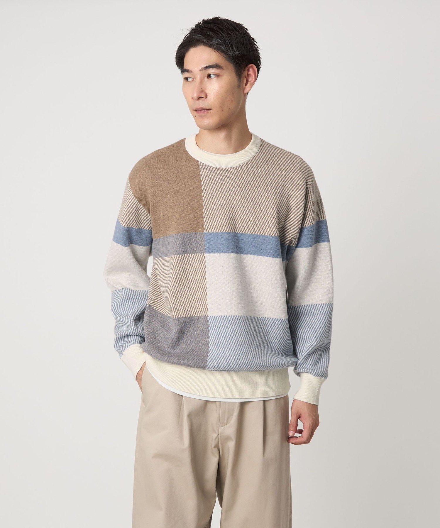 【SALE／40%OFF】UNITED ARROWS green label relaxing カラー ブロック ジャカード クルーネック ニット ユナイテッドアローズ アウトレット トップス ニット グレー ネイビー ベージュ【送料無料】