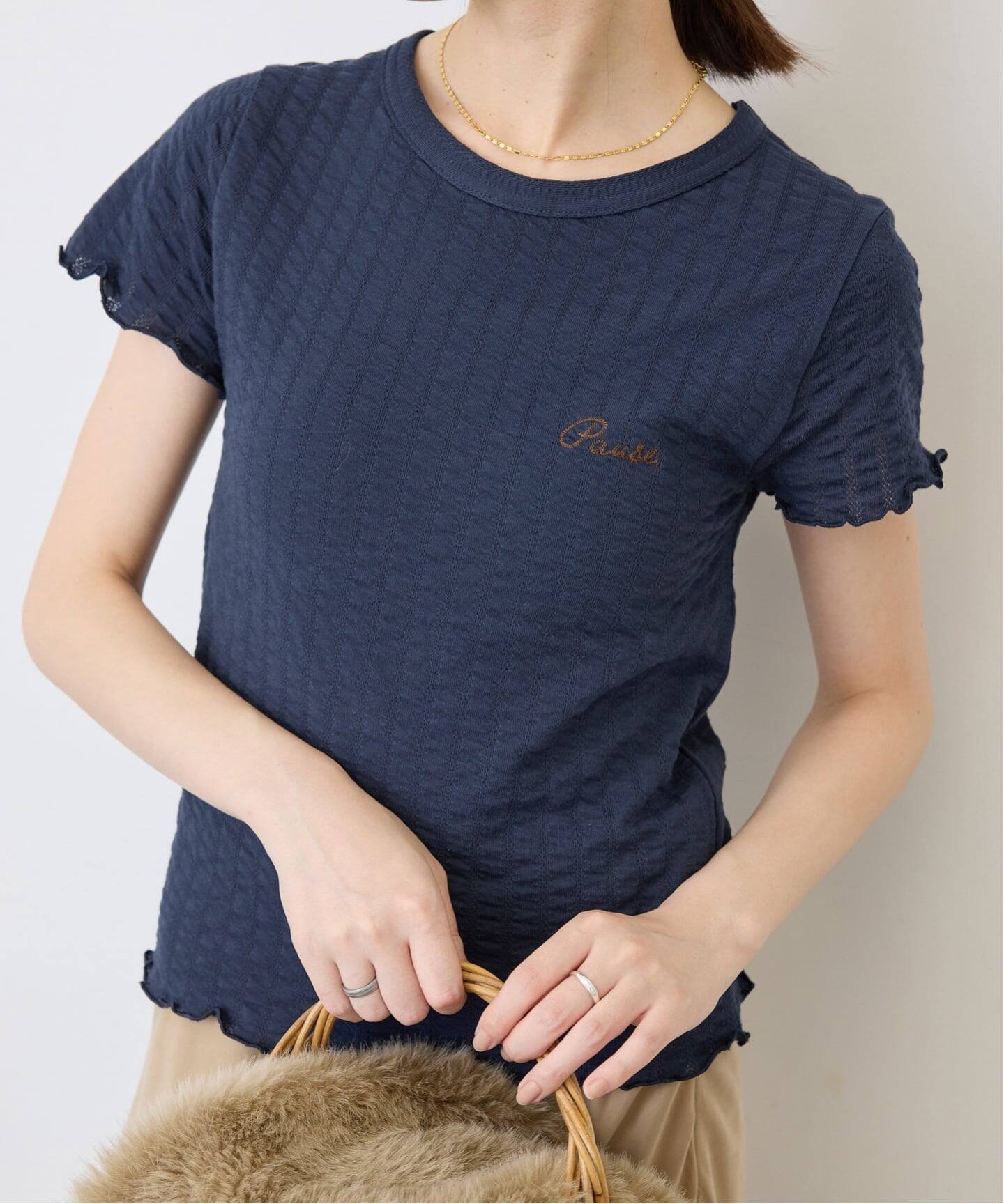 SLOBE IENA アイレットリブ 刺しゅうTEE スローブ イエナ トップス カットソー・Tシャツ ネイビー レッド