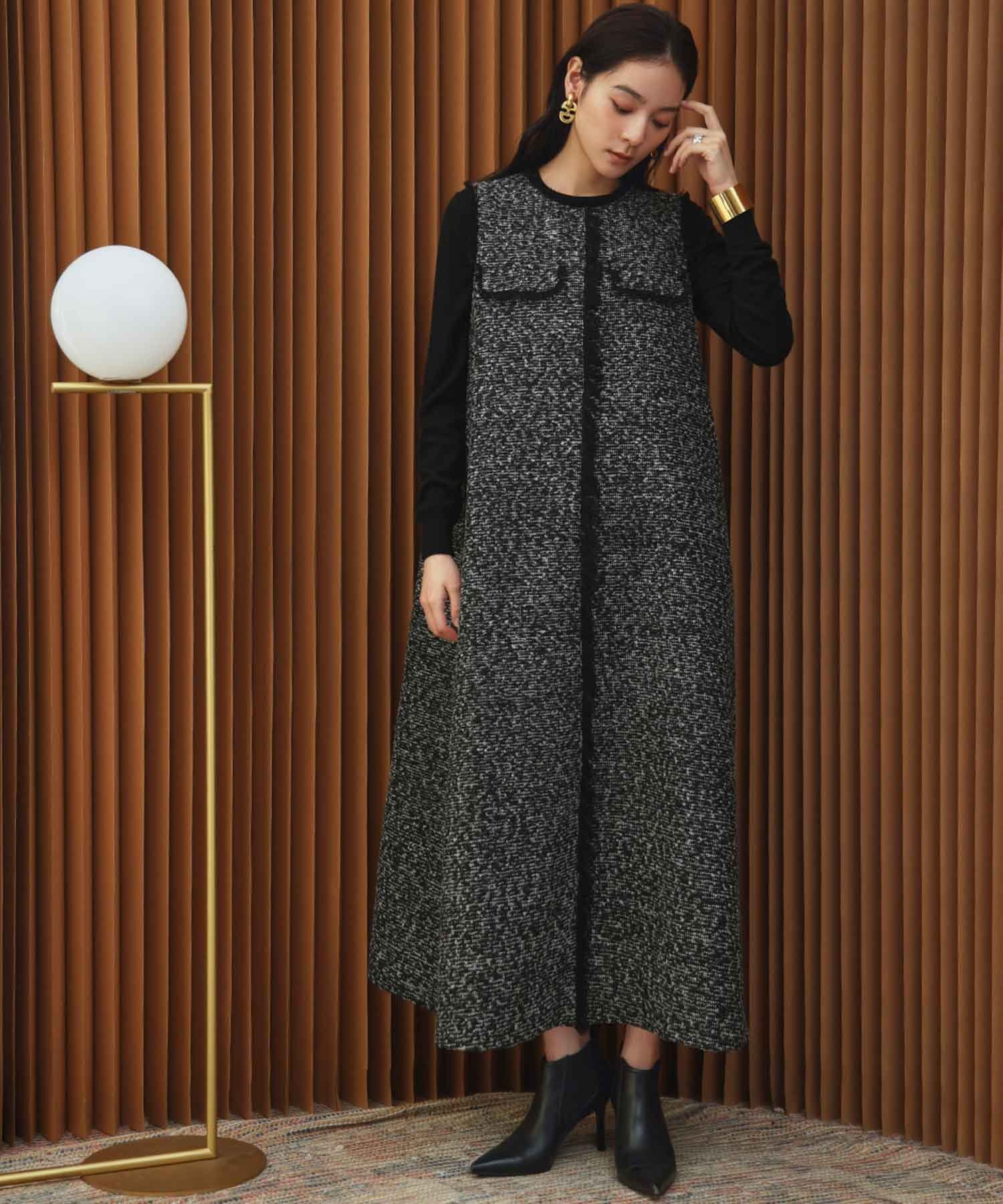ELFRANK 【2026AW】フリンジデザインノースリーブツイードAラインワンピース リバーフィールド アンド コー ワンピース・ドレス ワンピース ブラック【送料無料】
