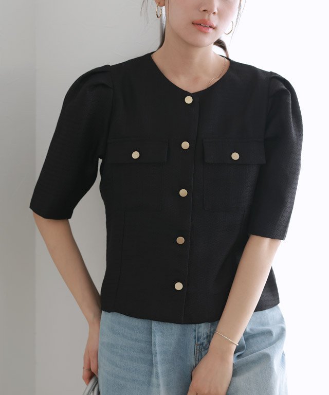 【SALE／10%OFF】Pierrot サマーツイード半袖ジャケット ピエロ ジャケット・アウター ノーカラージャケット ブラック ホワイト【送料無料】