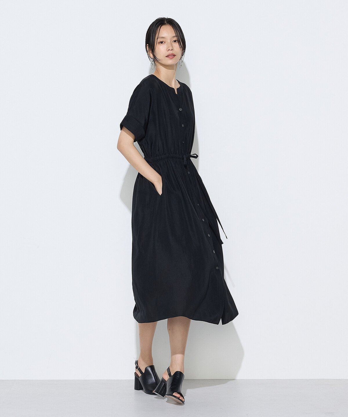Gabardine K.T アセテートリネンタッサー ヘンリーネックワンピース コムサ ワンピース・ドレス ワンピース ネイビー ブラック【送料無料】