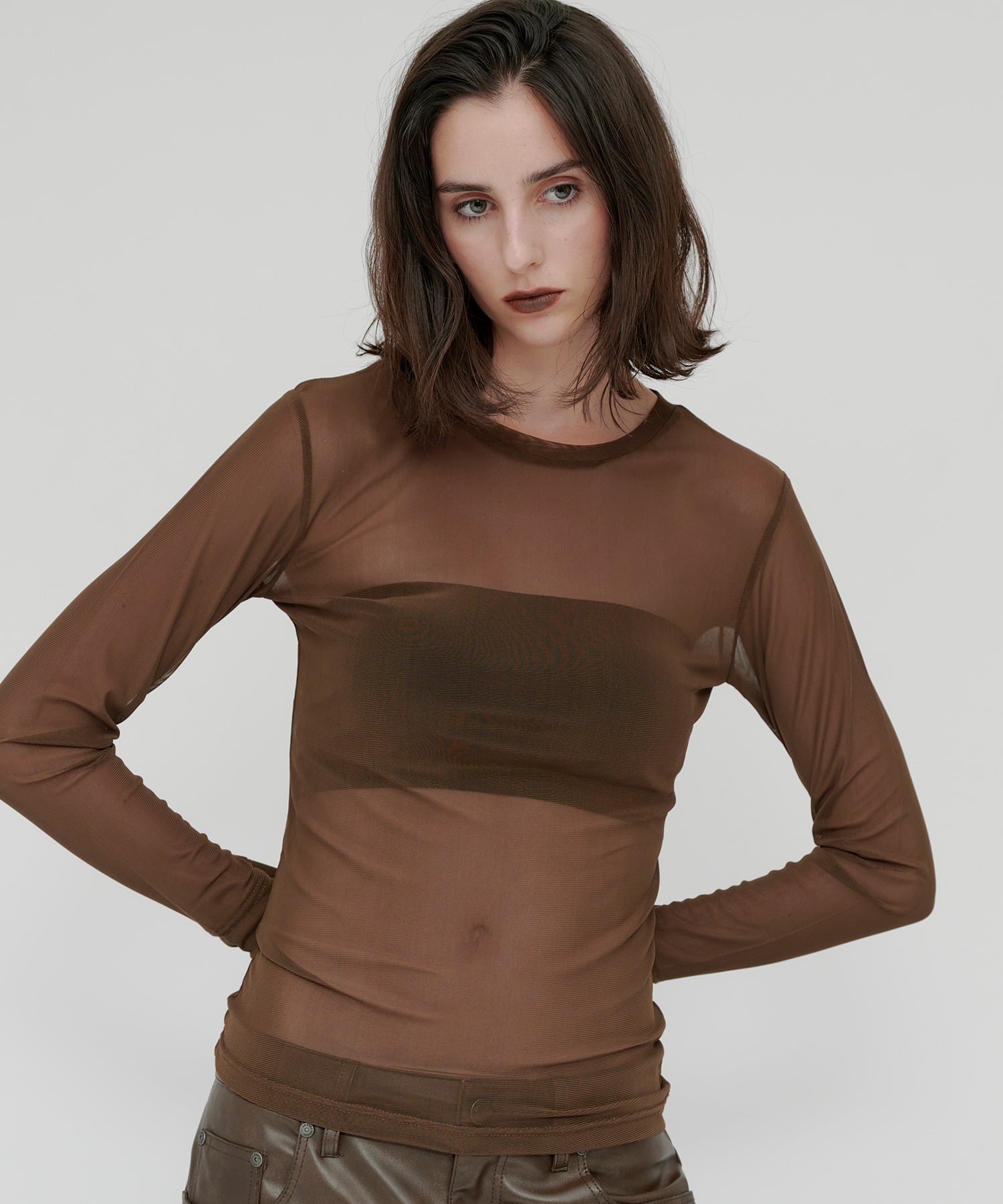 kiehtova kiehtova/SHEER STRETCH TULLE TOPS/シアー ストレッチ チュール トップス KTWR42 セットアップセブン トップス カットソー・Tシャツ ブラウン ブラック グレー レッド