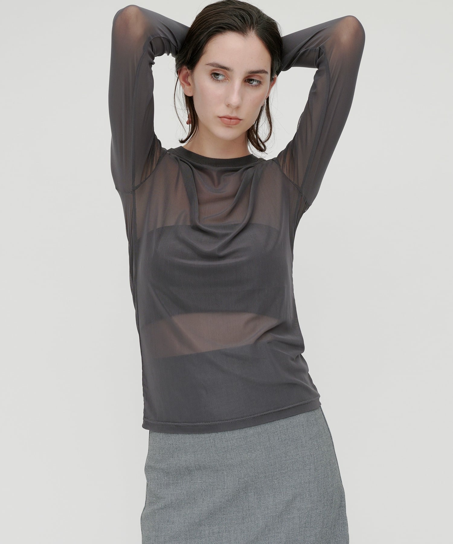 kiehtova kiehtova/SHEER STRETCH TULLE TOPS/シアー ストレッチ チュール トップス KTWR42 セットアップセブン トップス カットソー・Tシャツ ブラウン ブラック グレー レッド