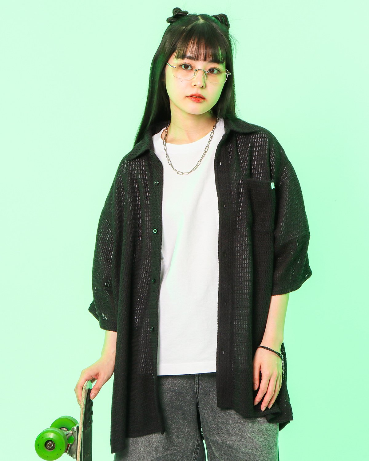 【NESTA BRAND ネスタブランド】 ラインテープ メッシュ シャツ ガッチャ トップス シャツ・ブラウス ブラック カーキグリーン