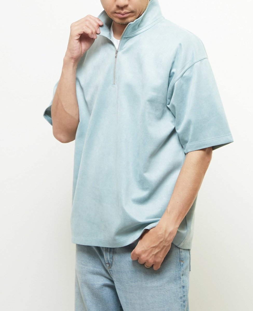 MEN'S MELROSE 【MASTER FRAME/マスターフレーム】フェイクスエード ZIPスタンドTシャツ メンズメルローズ トップス カットソー・Tシャツ ブルー グリーン グレー