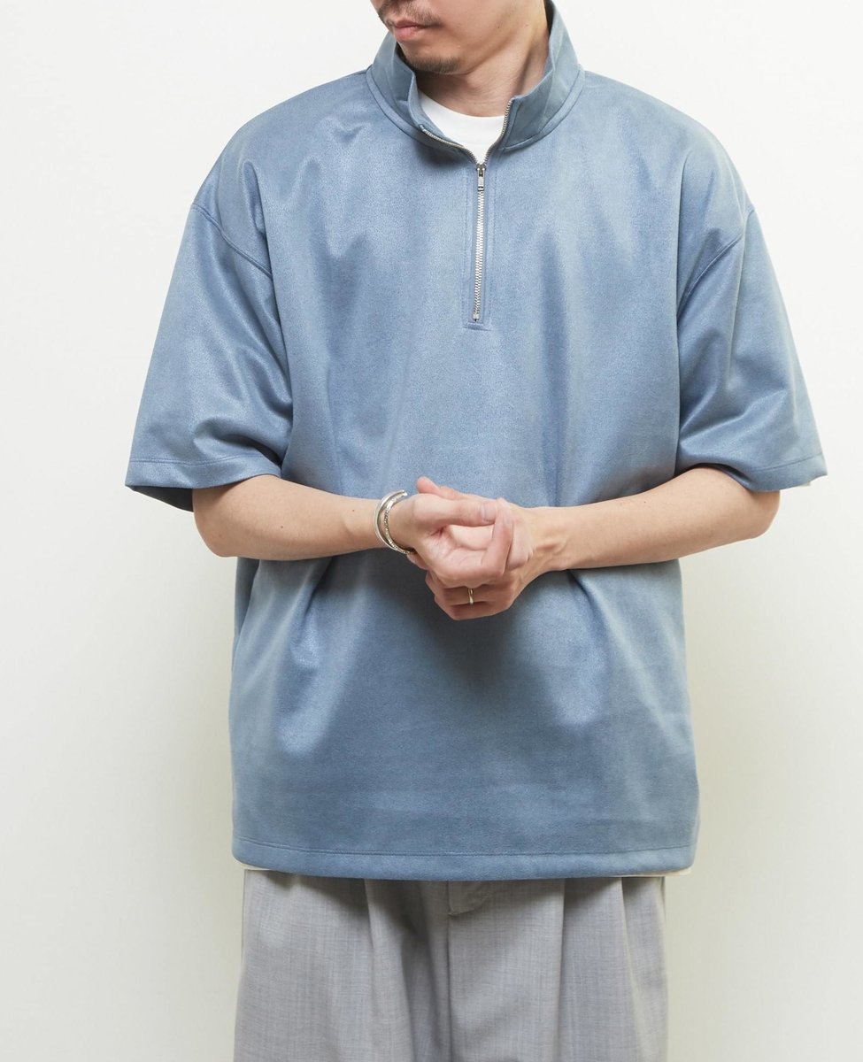 MEN'S MELROSE 【MASTER FRAME/マスターフレーム】フェイクスエード ZIPスタンドTシャツ メンズメルローズ トップス カットソー・Tシャツ ブルー グリーン グレー