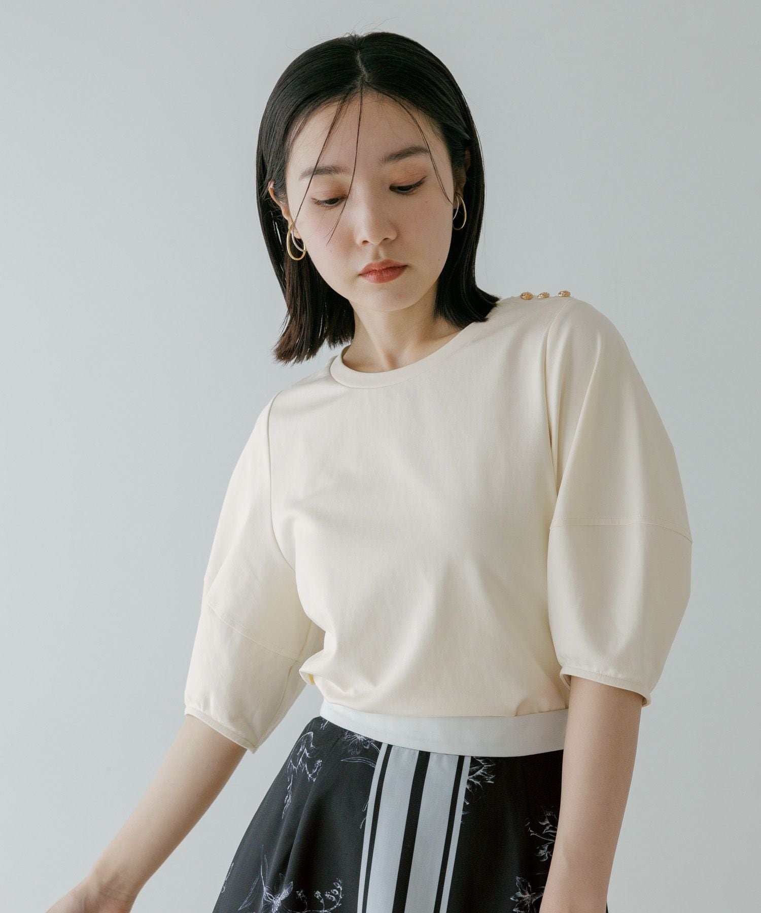 Andemiu ランタンスリーブカットソー アンデミュウ トップス カットソー・Tシャツ ホワイト ブラック【送料無料】
