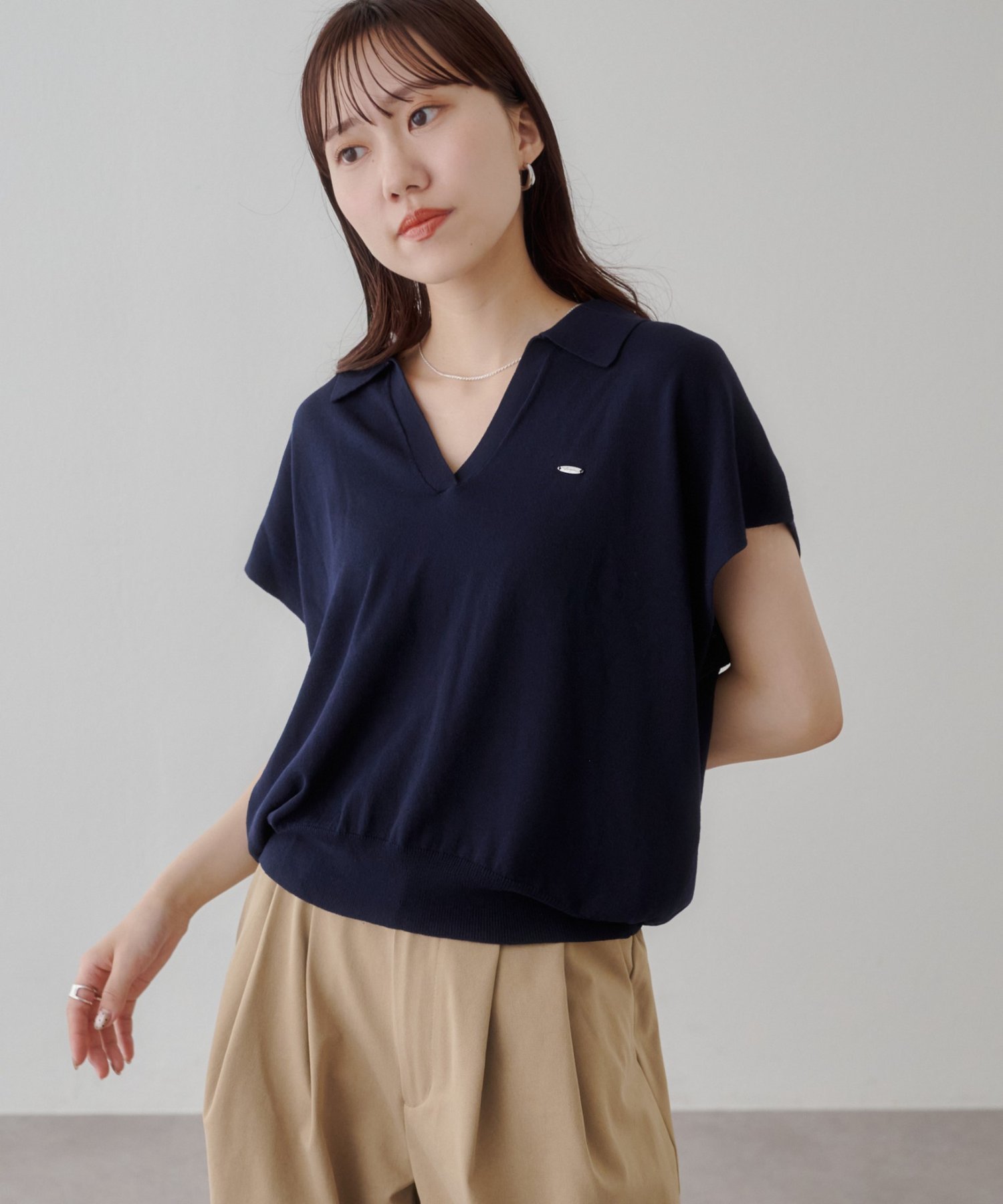 Discoat 衿付きプレートスキッパーニット ディスコート トップス ニット ネイビー グレー ベージュ グリーン【送料無料】
