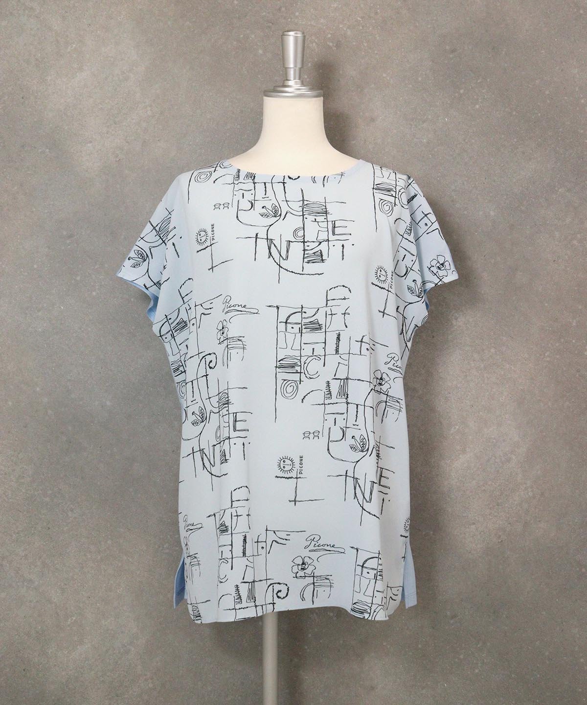 前後切替線画冷感プルオーバー スタジオピッコーネ トップス カットソー・Tシャツ ブルー ベージュ