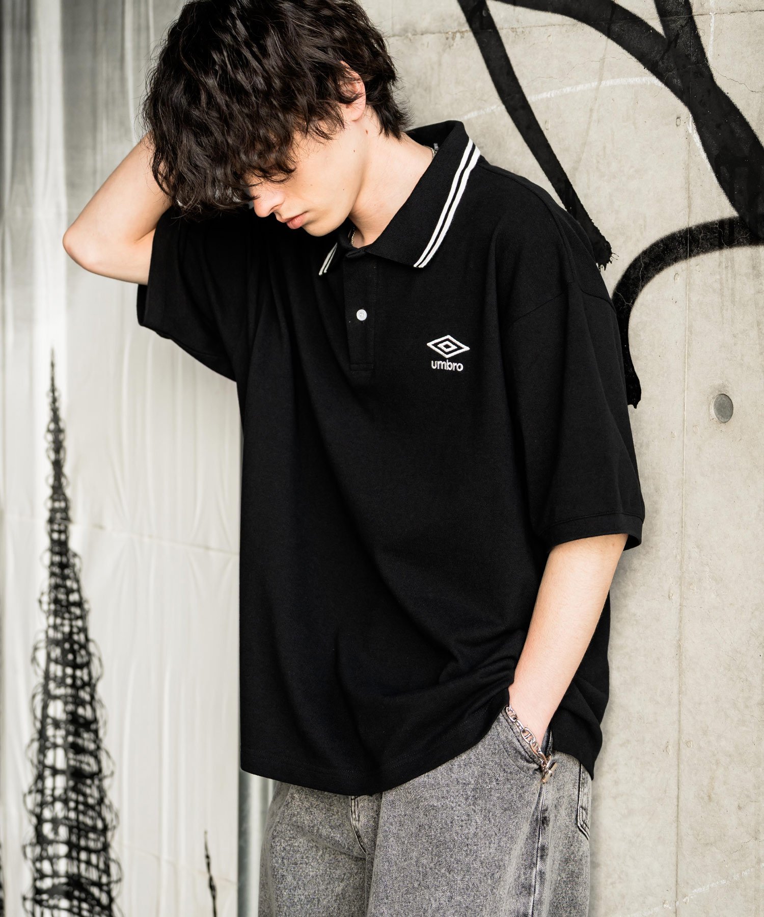 Rocky Monroe 新色追加 UMBRO 別注コラボ オーバーサイズ鹿の子刺繍ポロシャツ ロッキーモンロー トップス ポロシャツ ブラック ネイビー ホワイト【送料無料】