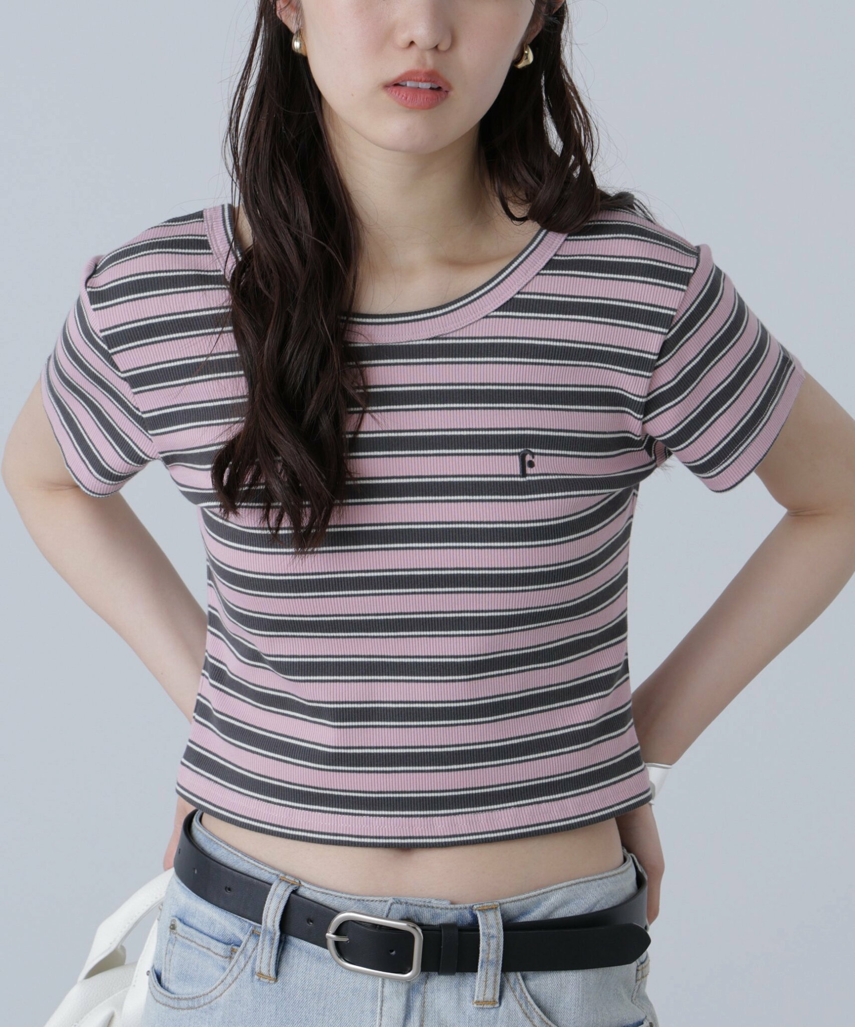 FREE'S MART ワンポイント刺繍マルチボーダーカットソー フリーズ マート トップス カットソー・Tシャツ ネイビー ピンク【送料無料】