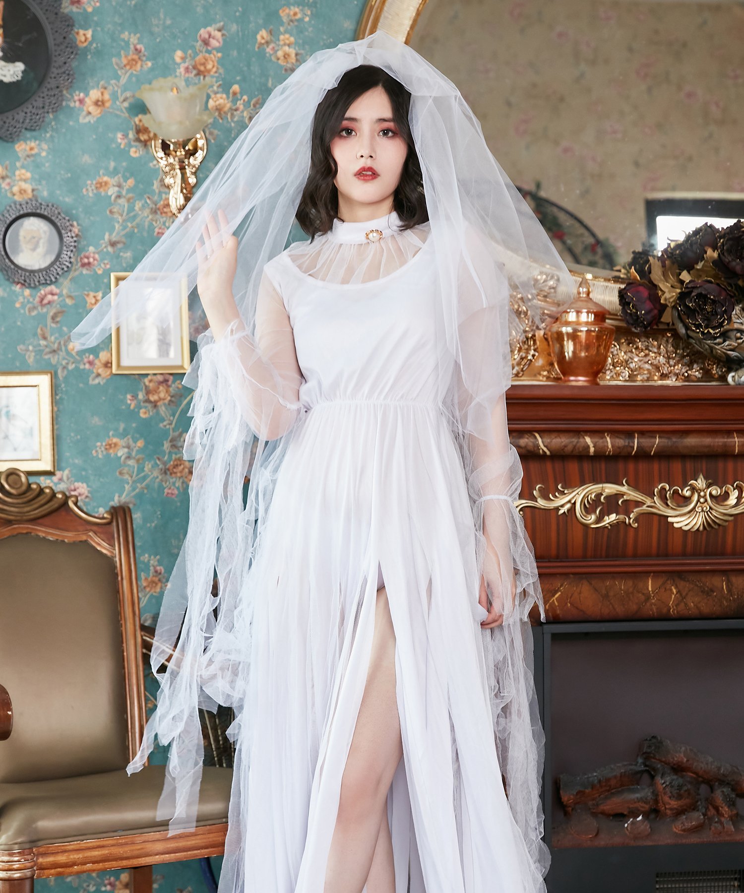 Brightlele 「 ロング花嫁 」 ハロウィン 仮装 花嫁 ゾンビ 花嫁ゾンビ 大人 女性 可愛い ブライトララ ファッション雑貨 その他のファッション雑貨 ブラック ホワイト