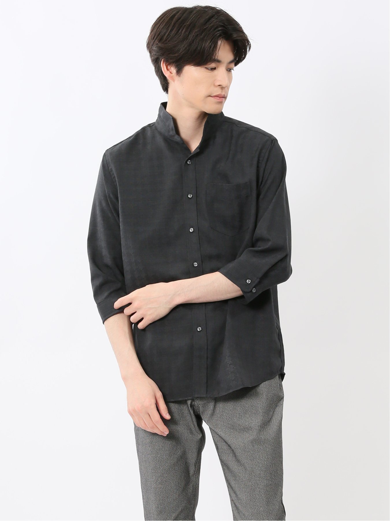 【SALE／30%OFF】TAKA-Q TechLinen スタンドカラー 7分袖シャツ タカキュー トップス シャツ・ブラウス ホワイト