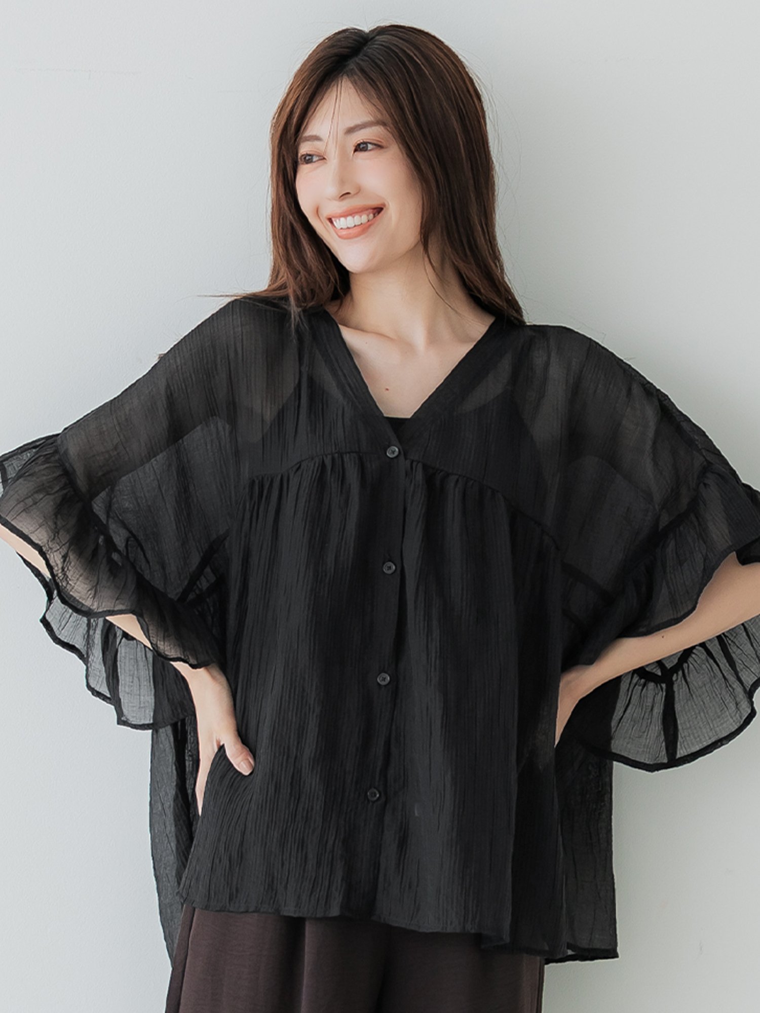 【SALE／35%OFF】coca 袖フリルシアーブラウス コカ トップス シャツ・ブラウス ブ...