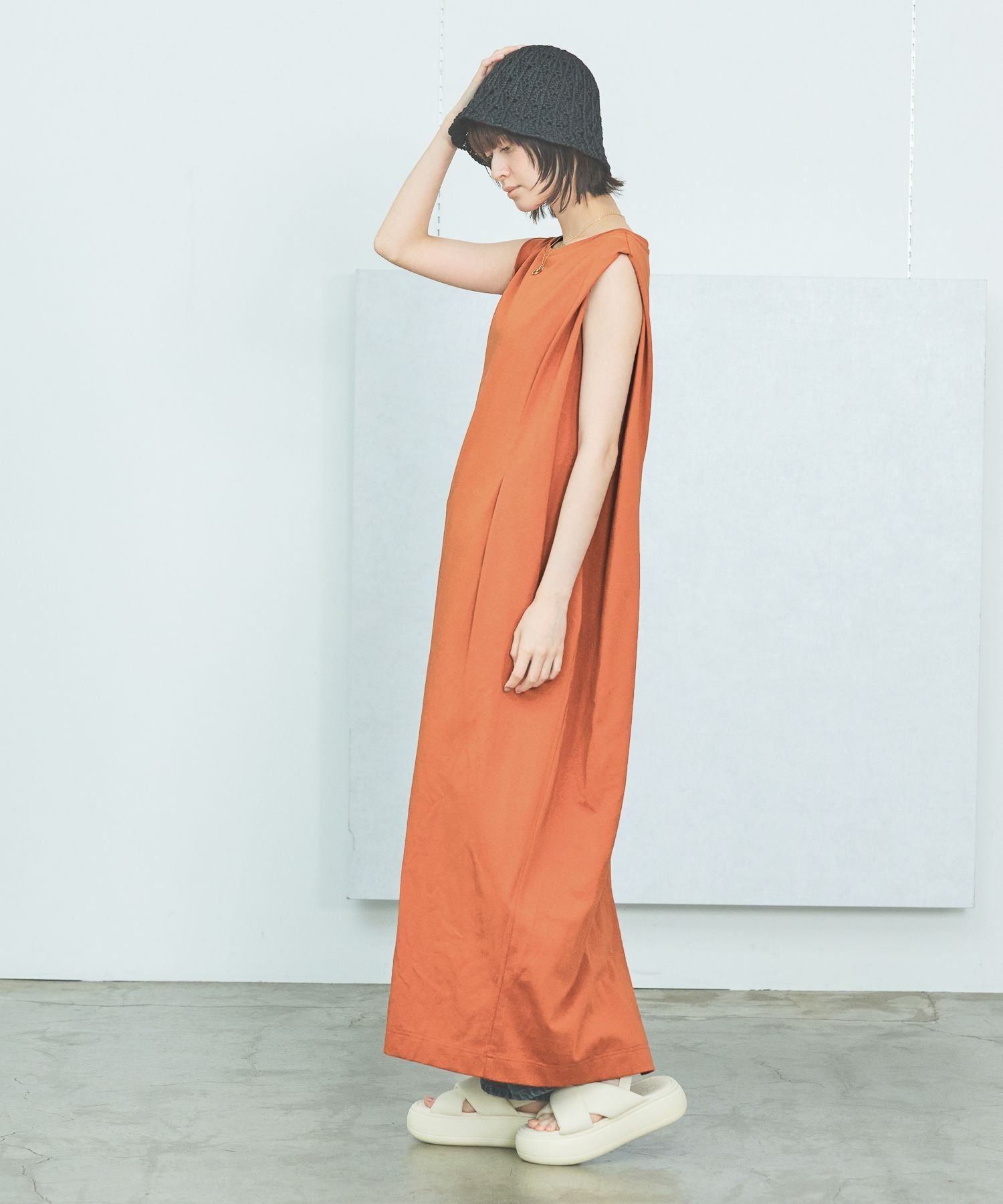 LAKOLE 【接触冷感】ウェストタックカットノースリーブワンピース ラコレ ワンピース・ドレス ワンピース ブルー ホワイト オレンジ ブラック