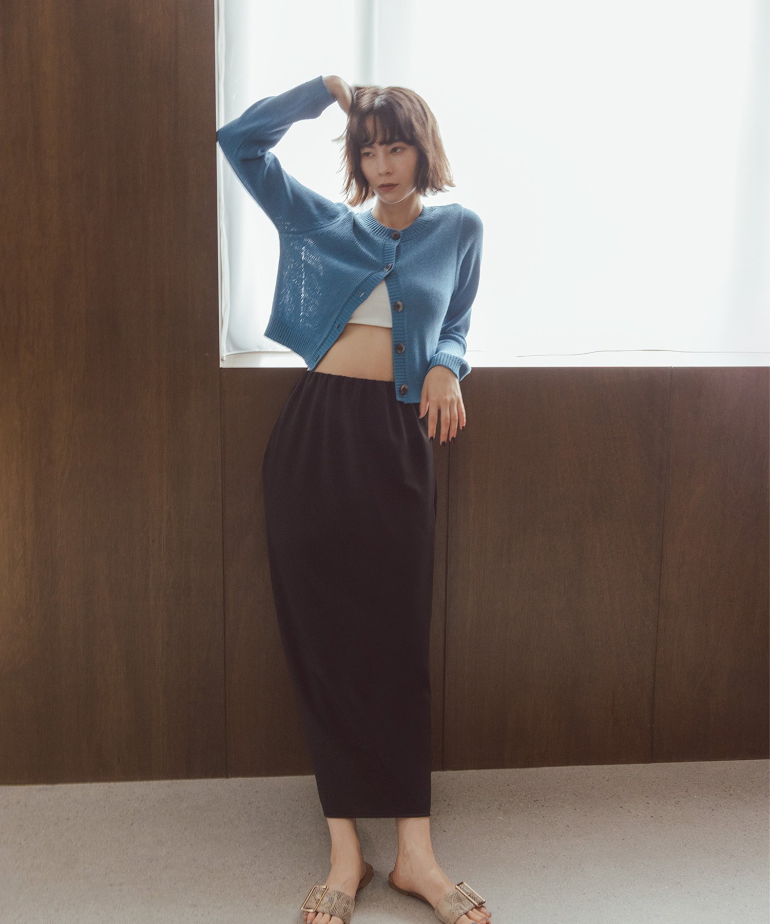 NATURAL BEAUTY BASIC ＜NAVY NAVY＞UVカット/接触冷感ストレッチストレートスカート ナチュラルビューティベーシック スカート その他のスカート ブラック ネイビー