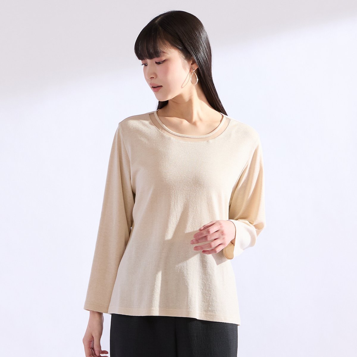 Liliane Burty 【M~4L】ラメフライスTシャツ リリアンビューティ トップス カットソー・Tシャツ グレー ブラック ベージュ