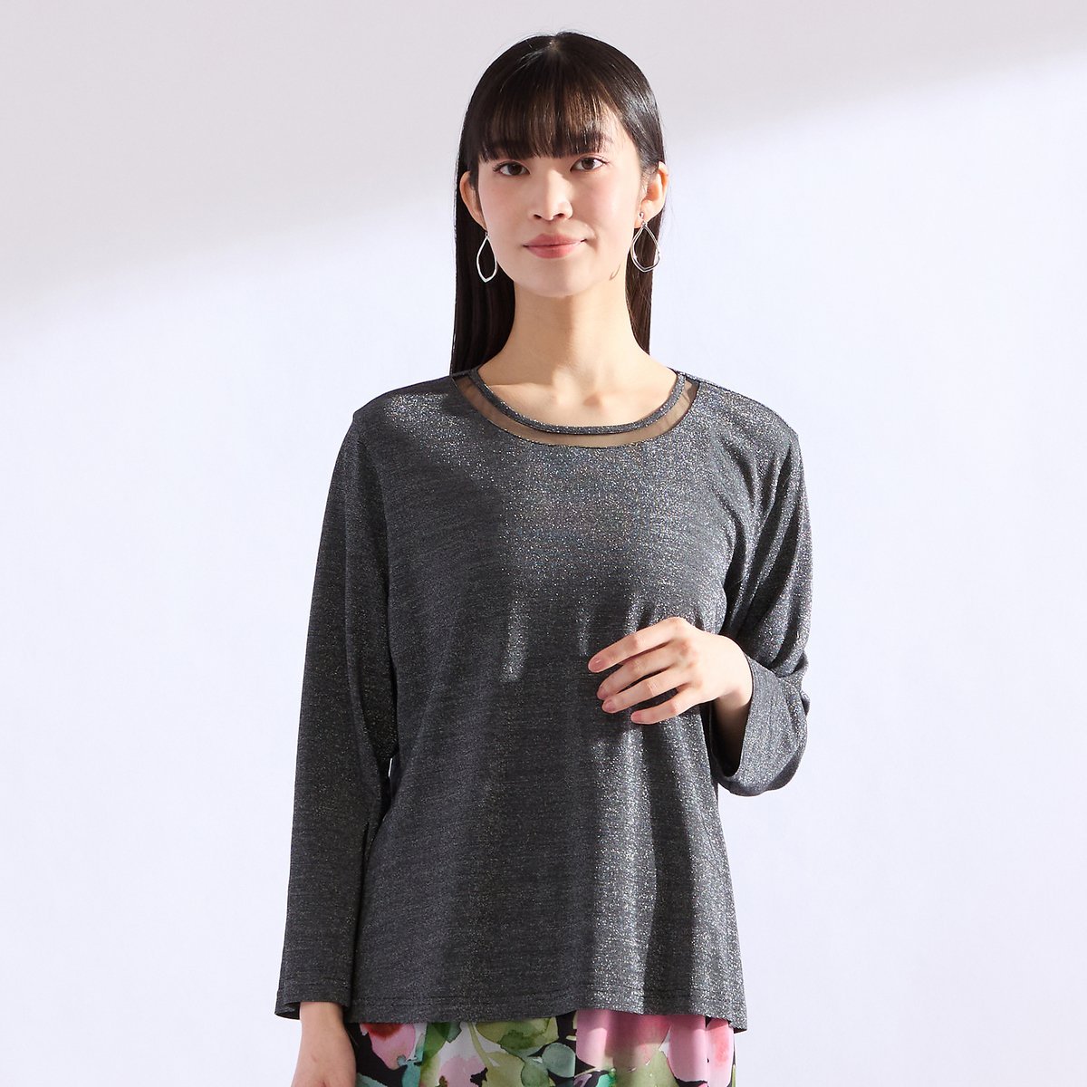 Liliane Burty 【M~4L】ラメフライスTシャツ リリアンビューティ トップス カットソー・Tシャツ グレー ブラック ベージュ