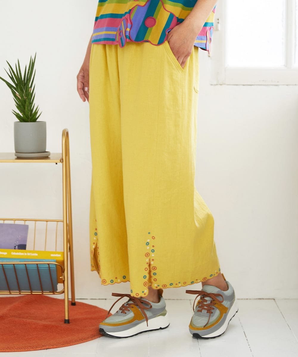 Jocomomola Lino Facil リネンワイドストレートパンツ ホコモモラ パンツ その他のパンツ イエロー グレー