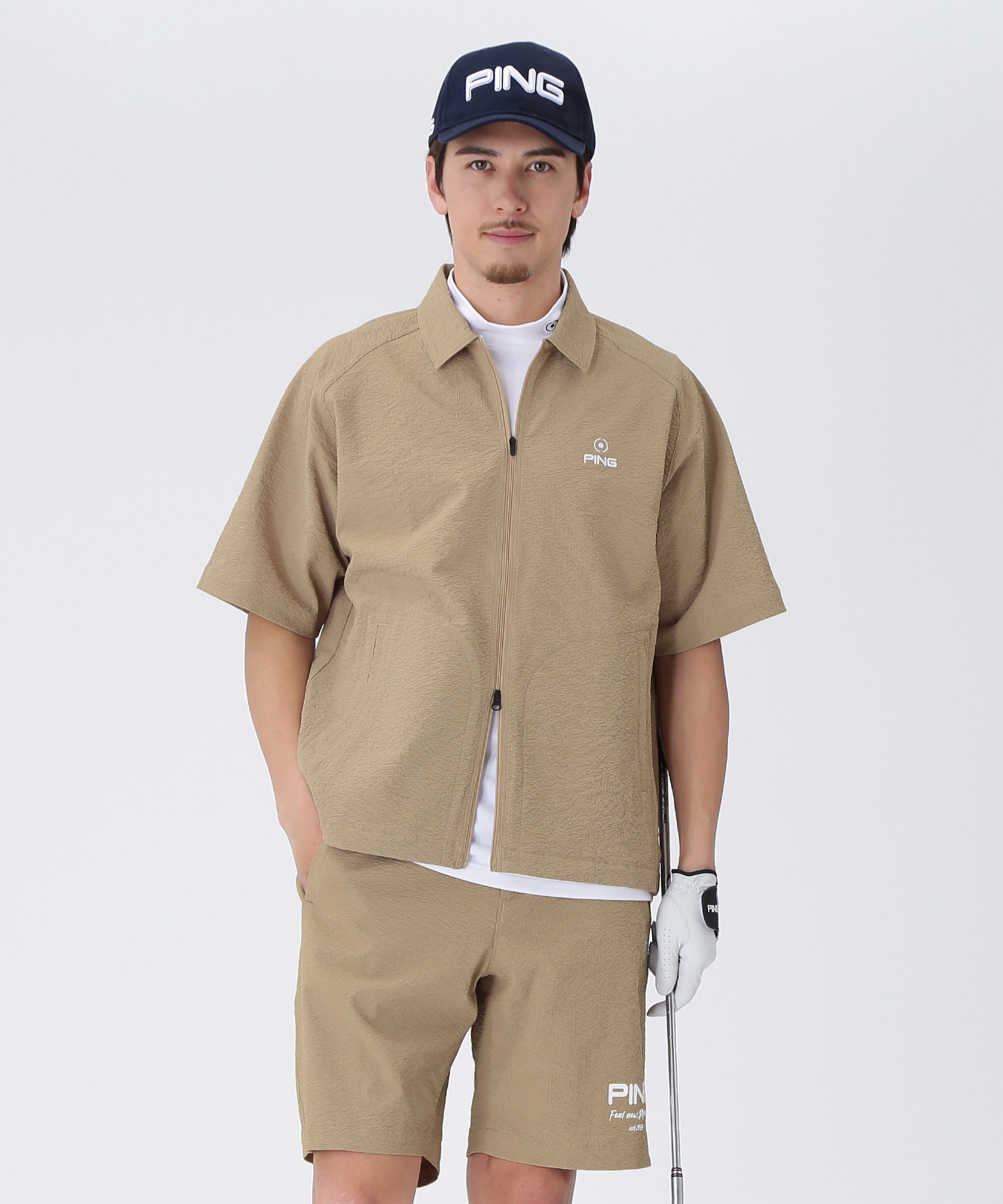 PING APPAREL 全方向ストレッチサッカー半袖フルジップシャツ ＜NATIVE＞ (MENS) ピン アパレル トップス シャツ・ブラウス カーキグリーン ホワイト ベージュ ネイビー イエロー