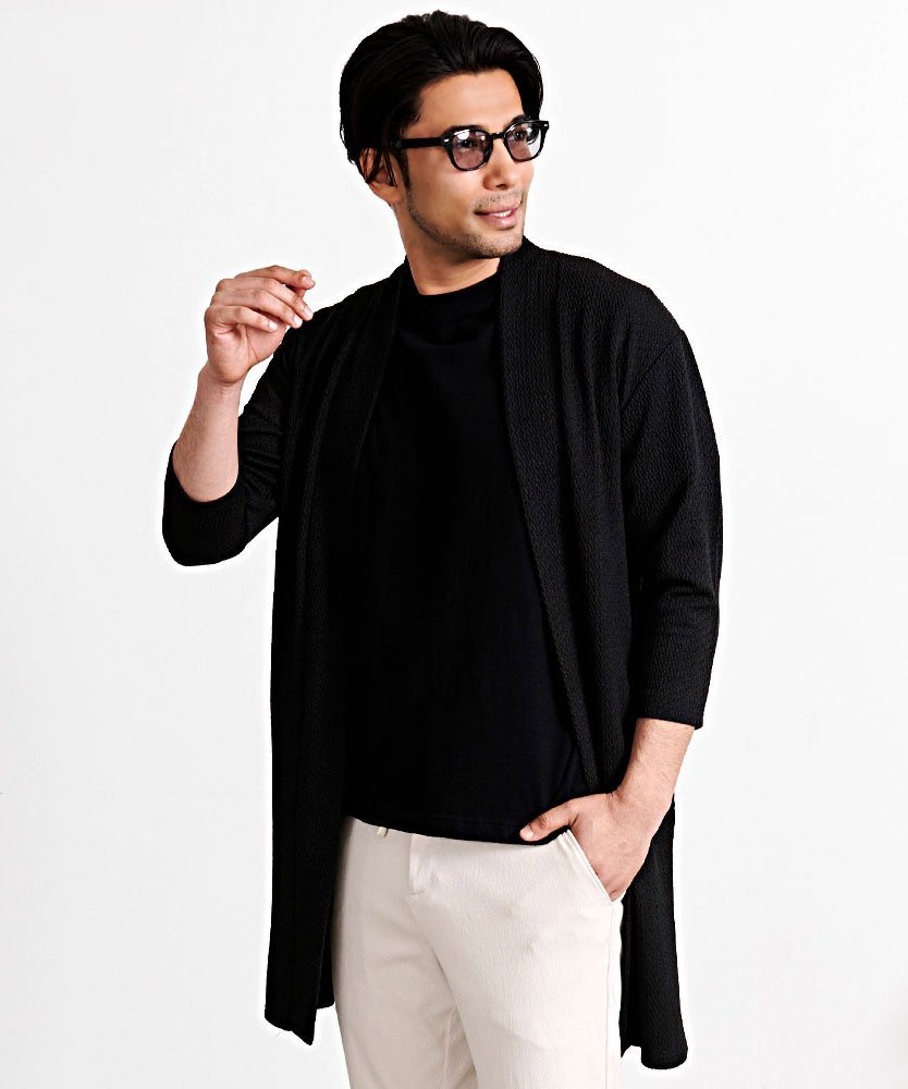 CavariA CavariA ランダムジャガード7分ガウン シルバーバレット トップス カーディガン グレー ブラック【送料無料】
