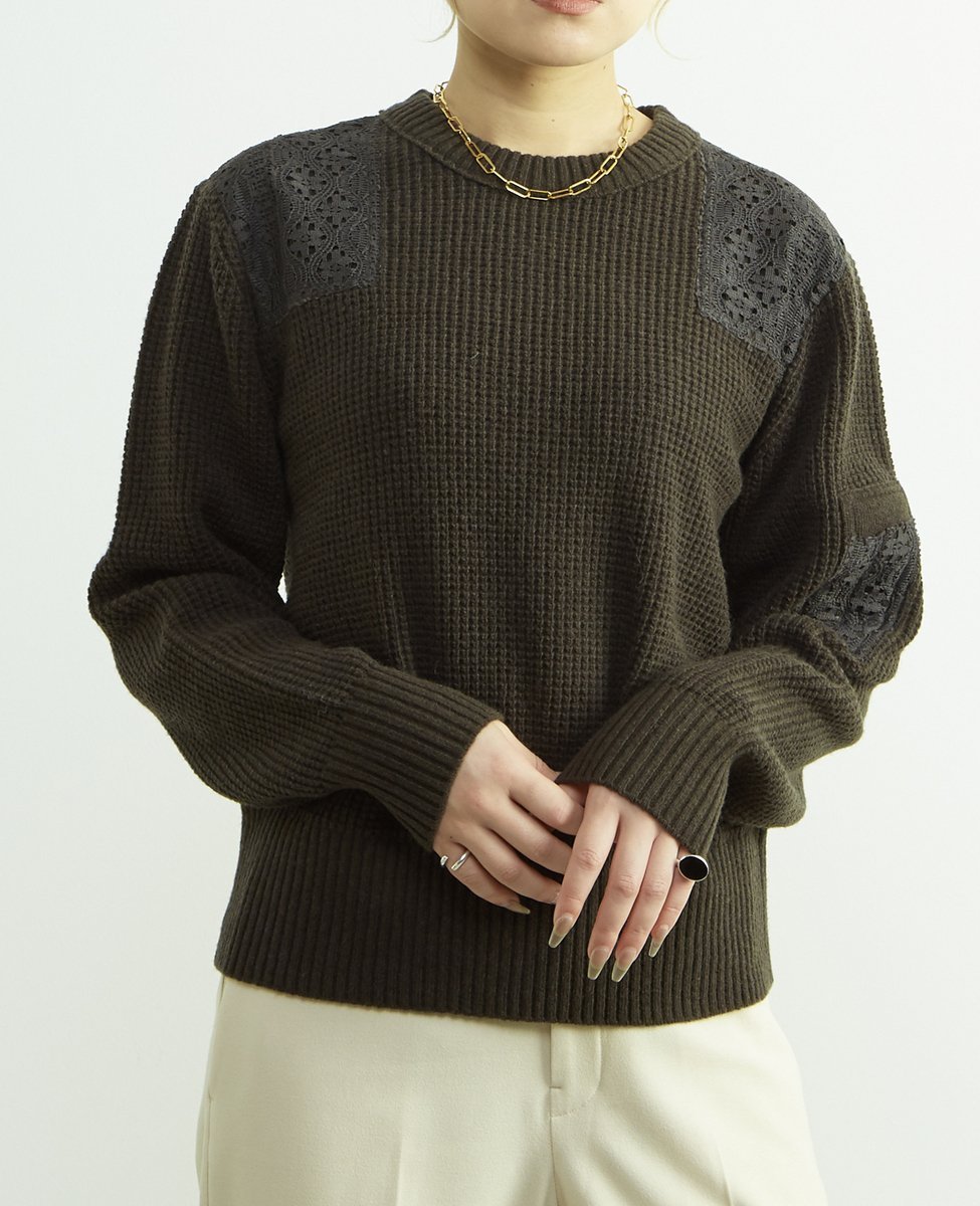 Soffitto レースパッチ付きワッフルニット ソフィット トップス ニット カーキグリーン ネイビー