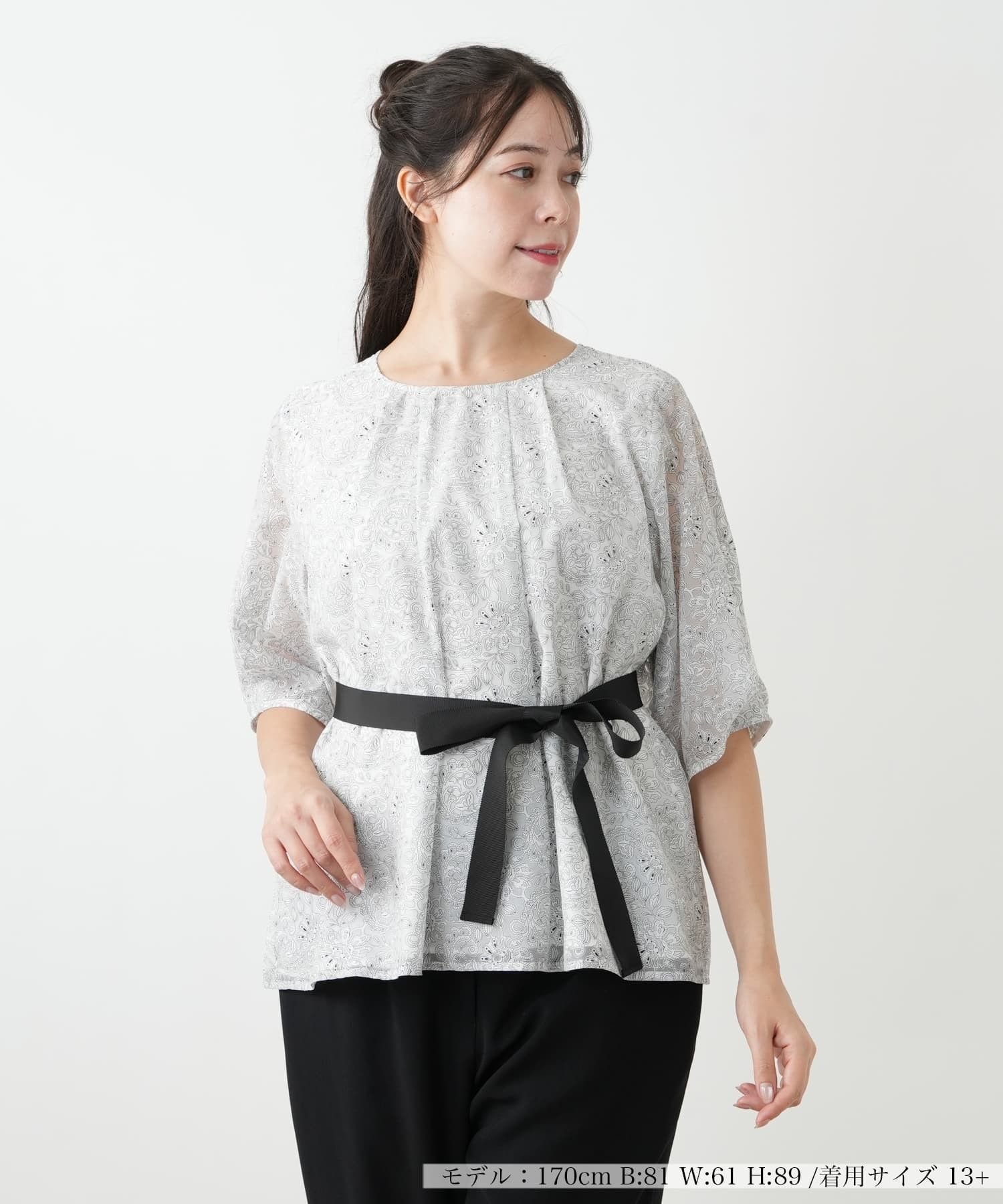 Leilian PLUS HOUSE ボタニカル柄リボンブラウス【BOURGE】 レリアン プラスハウス トップス シャツ・ブラウス ホワイト