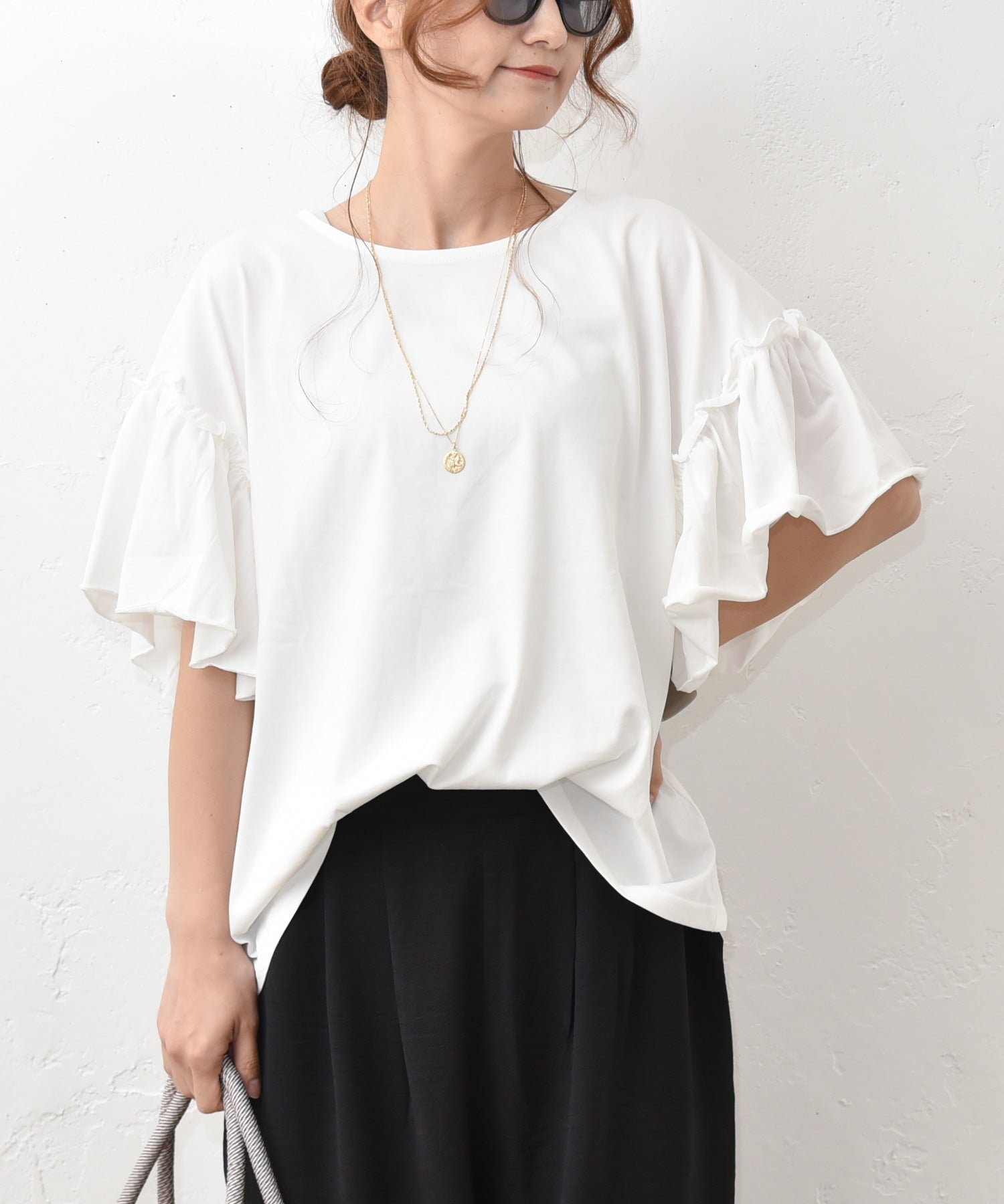 HUMS HUMS｜Aライン袖フリルT [[50032162]][C] ハグハグ トップス カットソー・Tシャツ ホワイト ブラック