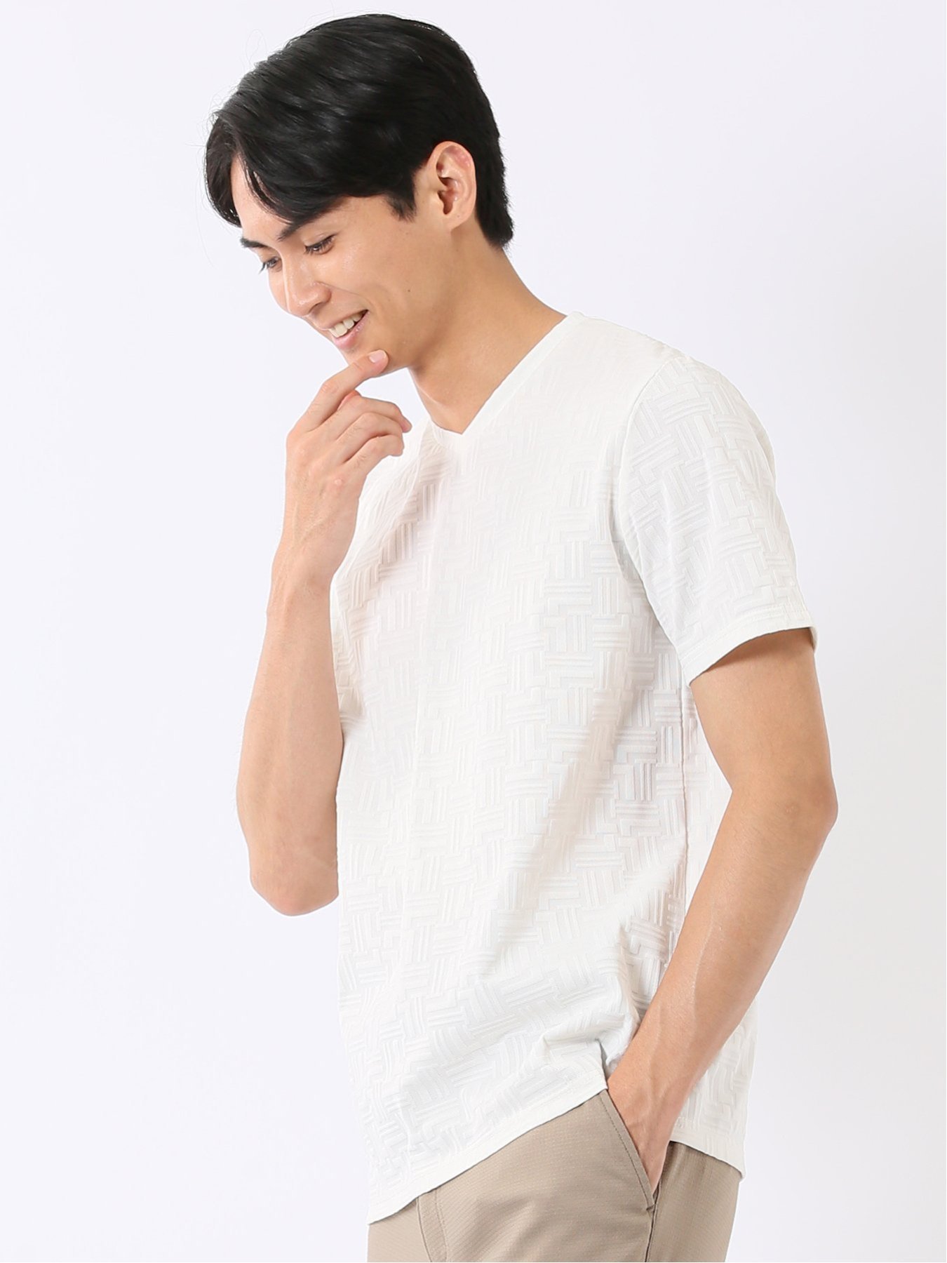 m.f.editorial Tシャツ メンズ 半袖 ストレッチ Vネック ジャガード 幾何学柄 タカキュー トップス カットソー・Tシャツ ホワイト
