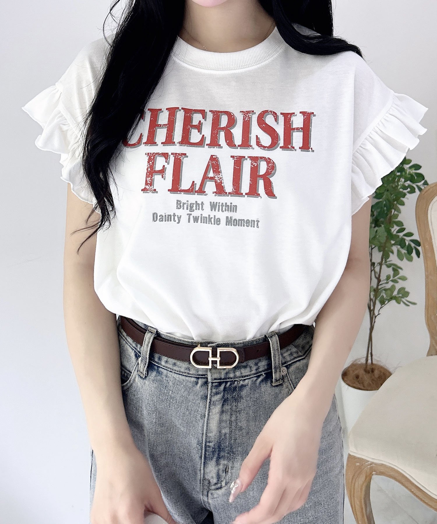 INGNI 袖フリルロゴTシャツ イング トップス カットソー・Tシャツ ホワイト グレーのサムネイル