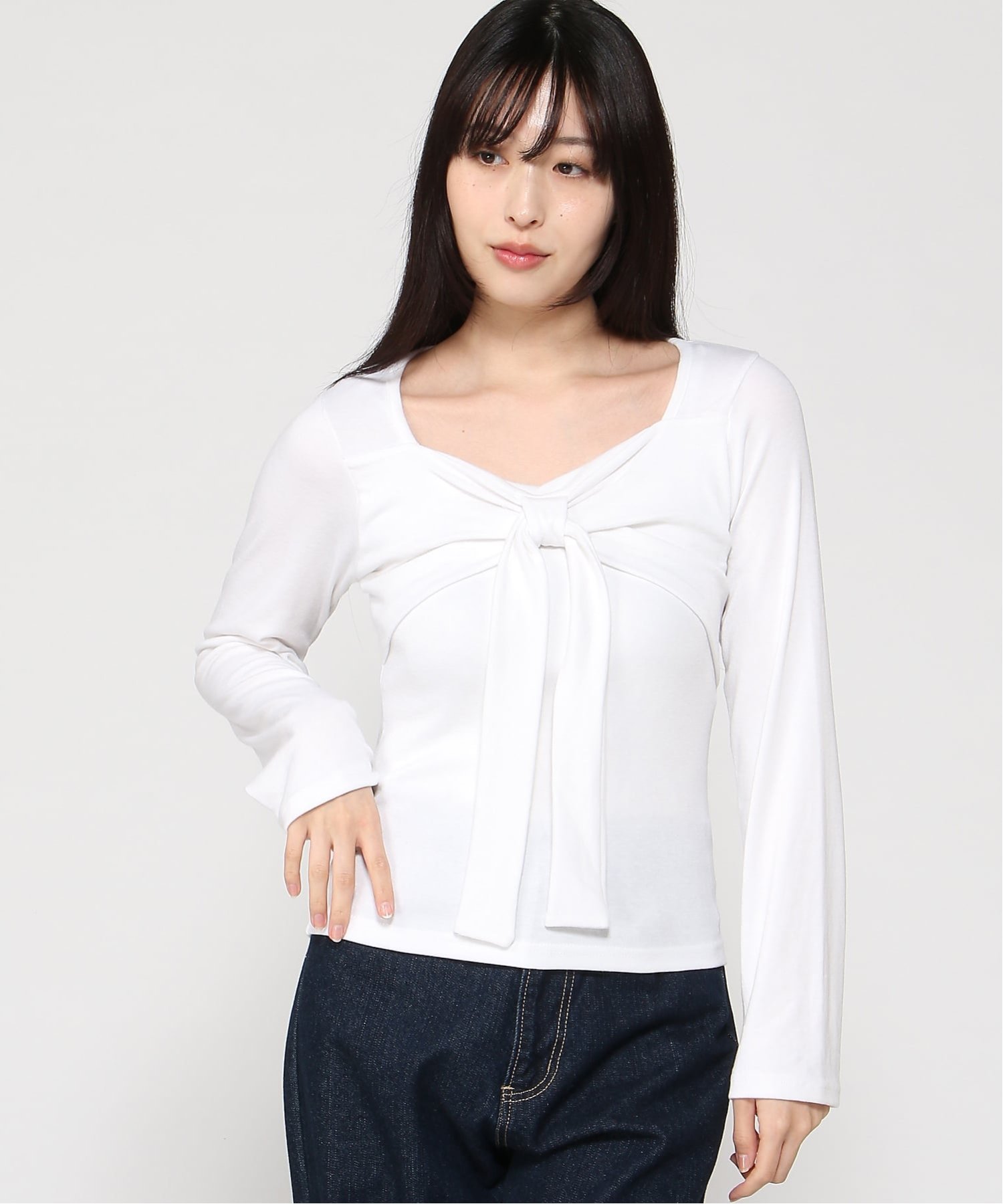VIVIDLADY VIVIDLADY/(W)フロントリボンデザイン ロンT トップス ビビッドレディー トップス カットソー・Tシャツ ホワイト グレー ブラック