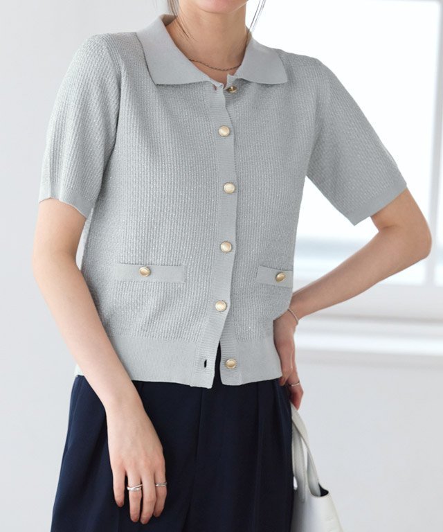 Pierrot ラメツイードポロニット ピエロ トップス ニット ブルー ネイビー ホワイト