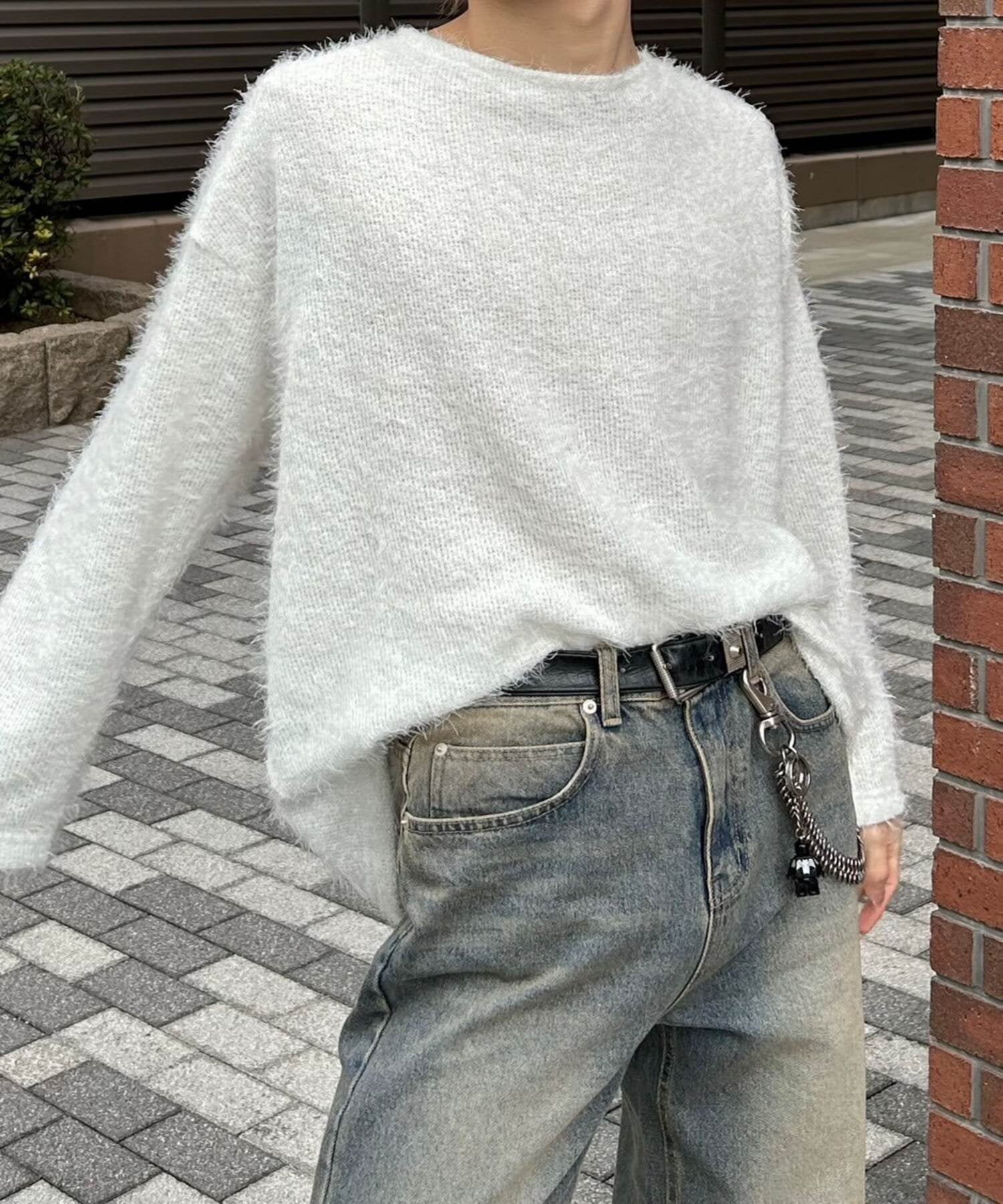 + 【Chikashitsu +】shaggy knit / シャギーニット 薄手ニット 長袖 ユニセックス ネバーマインドザエックスユー／チカシツプラス トップス ニット ブルー ホワイト ブラック グレー ピンク
