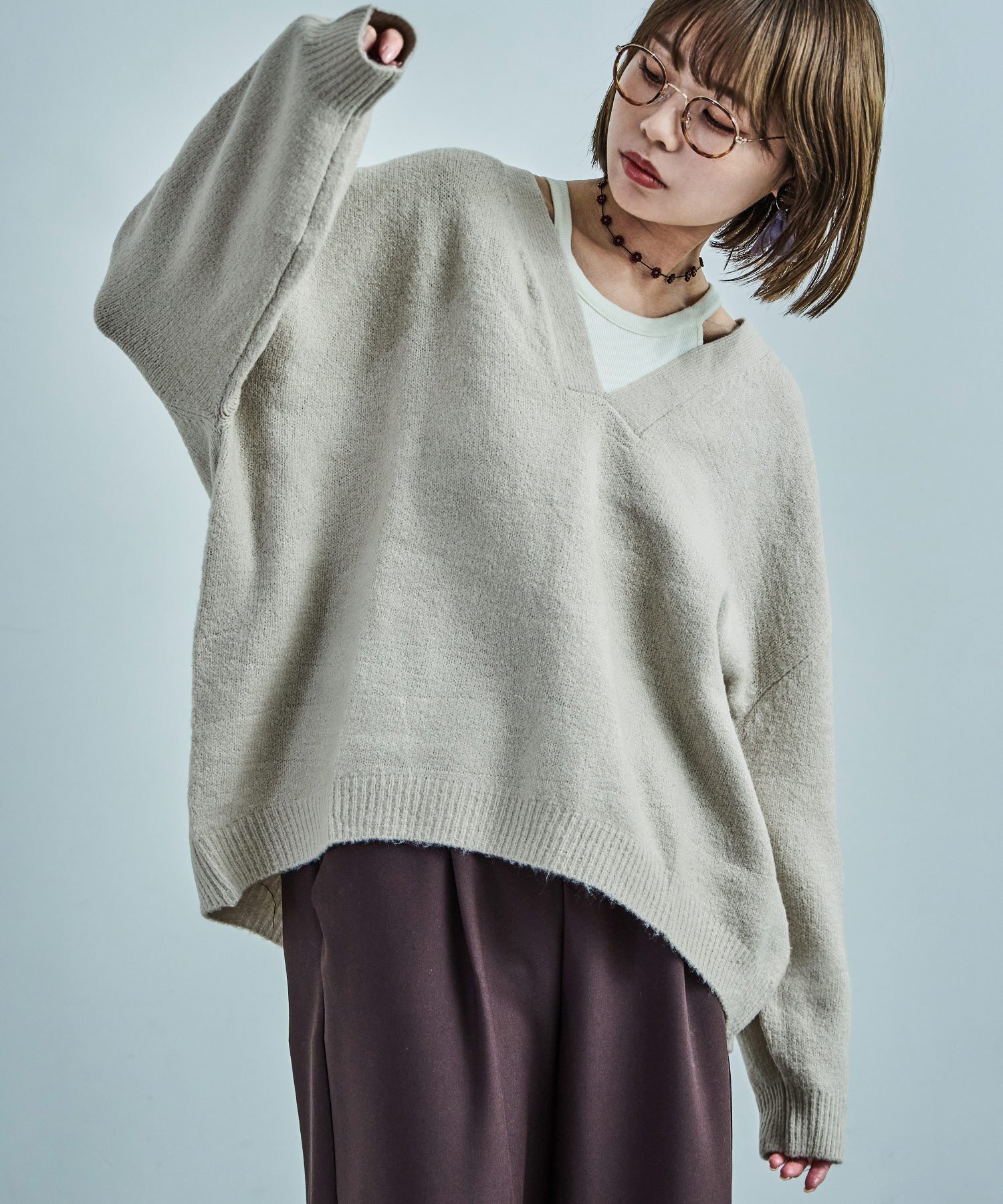 FashionLetter 【M-5L】深めVネック ニットプルオーバー ビーフラット トップス ニット グレー ブラック【送料無料】
