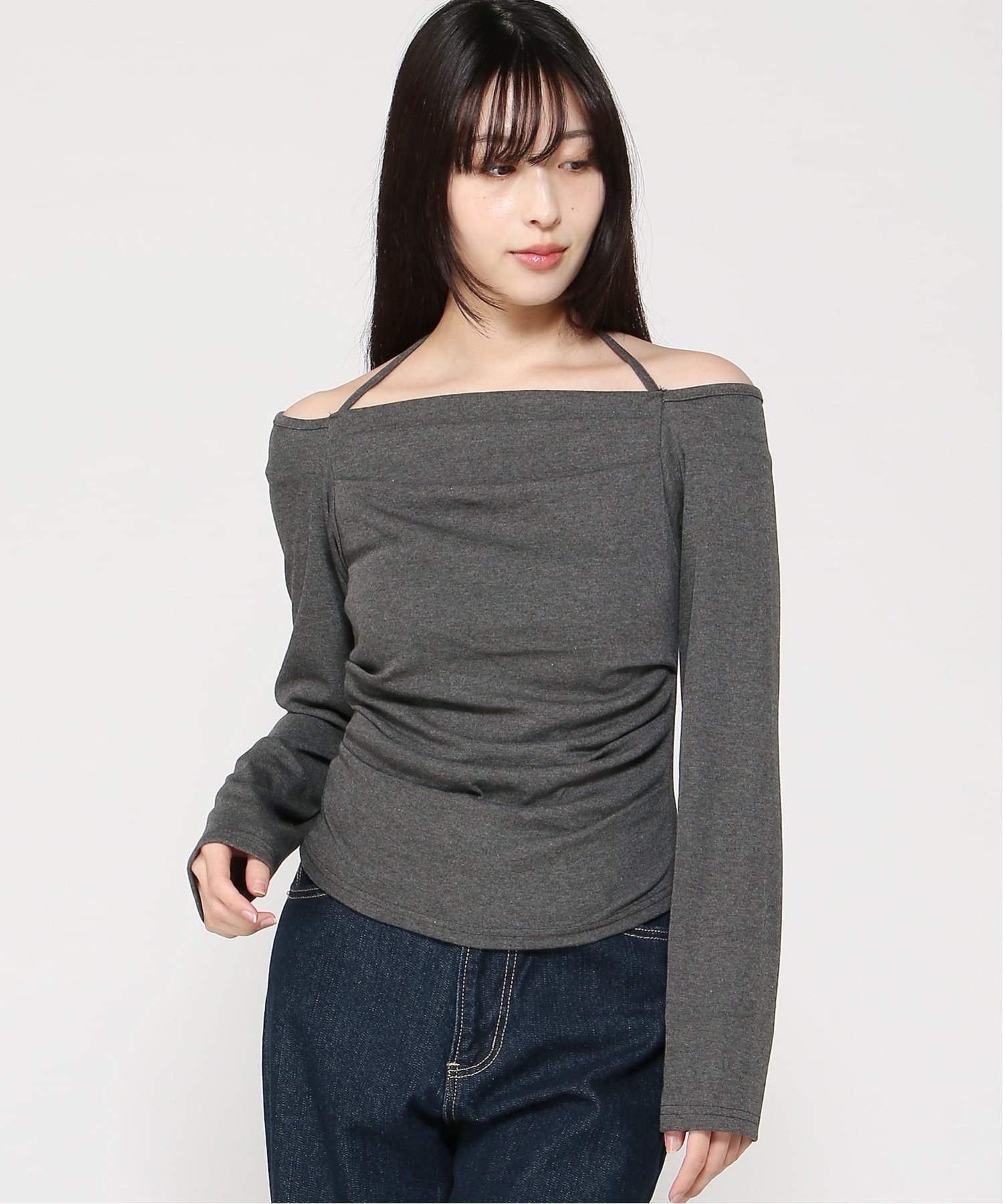 VIVIDLADY VIVIDLADY/(W)ホルターネックオフショルダードレープトップス ビビッドレディー トップス カットソー・Tシャツ ホワイト ブラック グレー