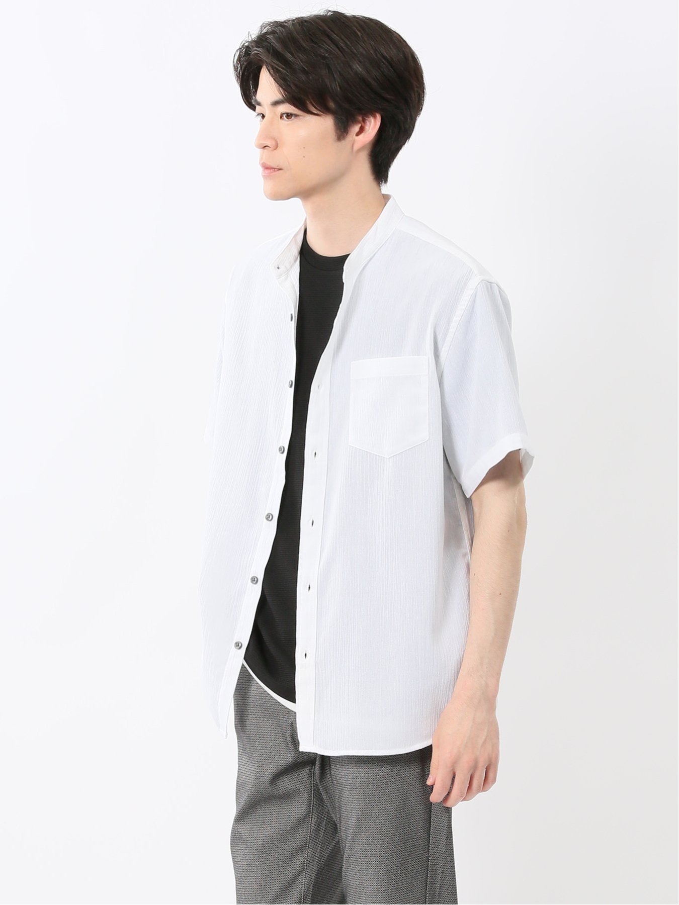 【SALE／20%OFF】TAKA-Q リネン混 楊柳 バンドカラー半袖シャツ タカキュー トップス シャツ・ブラウス ブルー ホワイト