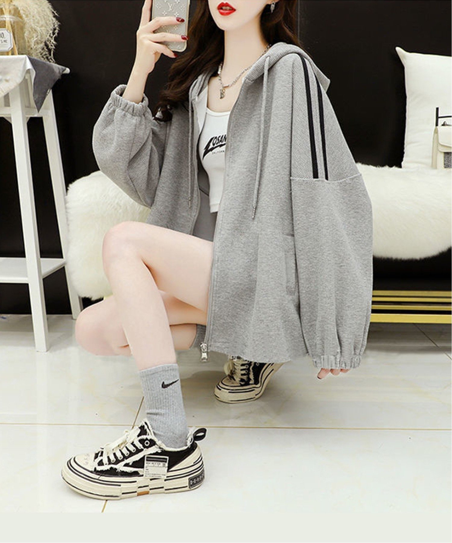 【SALE／20%OFF】aimoha - select - aimoha - select -/(W)ワッフルオーバーサイズパーカー アイモハ トップス パーカー・フーディー グレー ブラック ホワイトのサムネイル