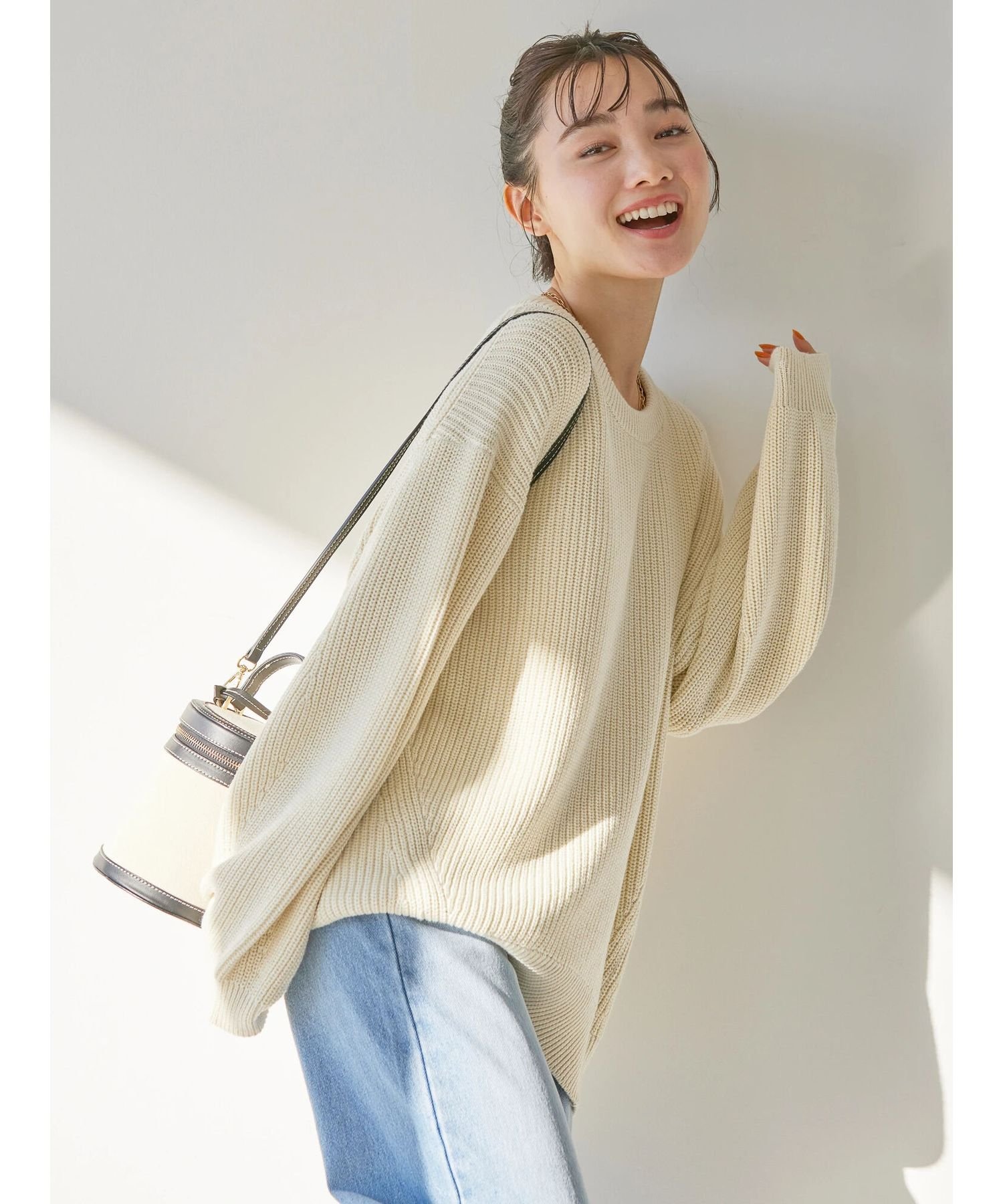 【SALE／45%OFF】AMERICAN HOLIC 片畦クルーネックニットプルオーバー/カジュアル/シンプル/綿100%/コットン/片畦編み/ミックスニット/ゆったり/体型カバー/春/24SS アメリカン ホリック トップス ニット ホワイト ピンク ネイビー ブルー イエローのサムネイル