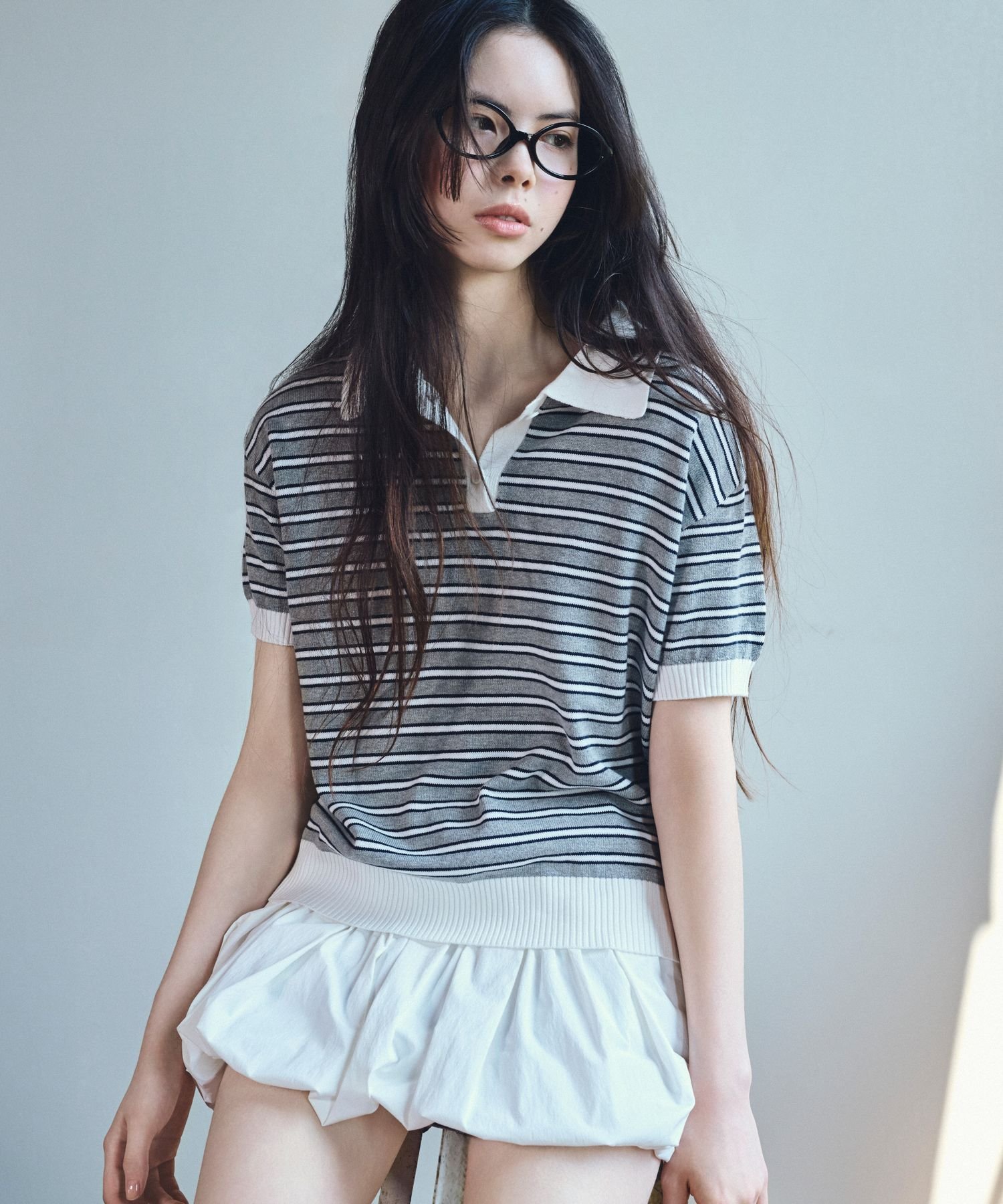 【SALE／67%OFF】Heather ボーダーポロニット(半袖) ヘザー トップス ニット グレー ホワイト ネイビーのサムネイル